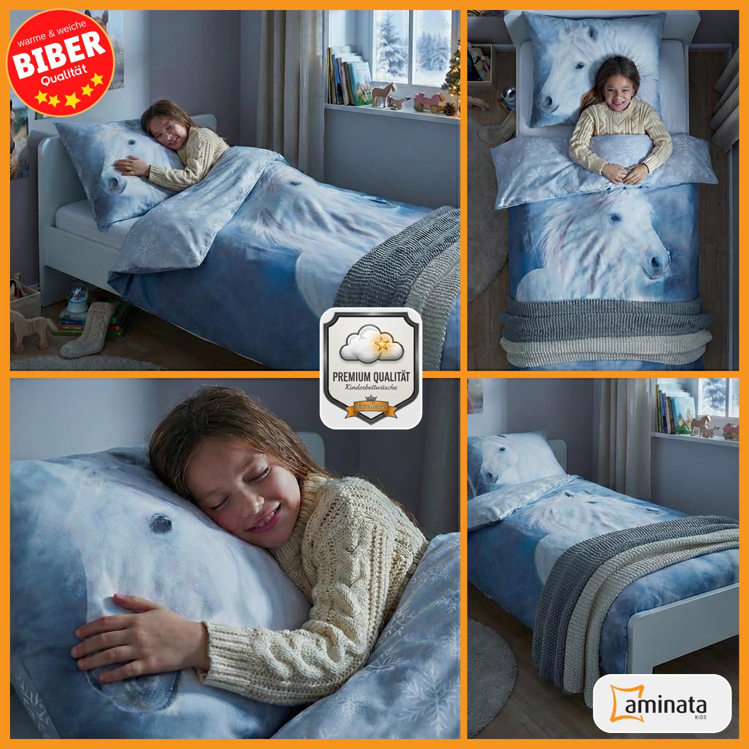 Aminata kids Biber Pferde Bettwäsche 135x200 Mädchen Kinder Pferdebettwäsche - Motiv mit Pferd - warm & kuschelig - 100% Baumwolle - weiß, blau Schneeflocken