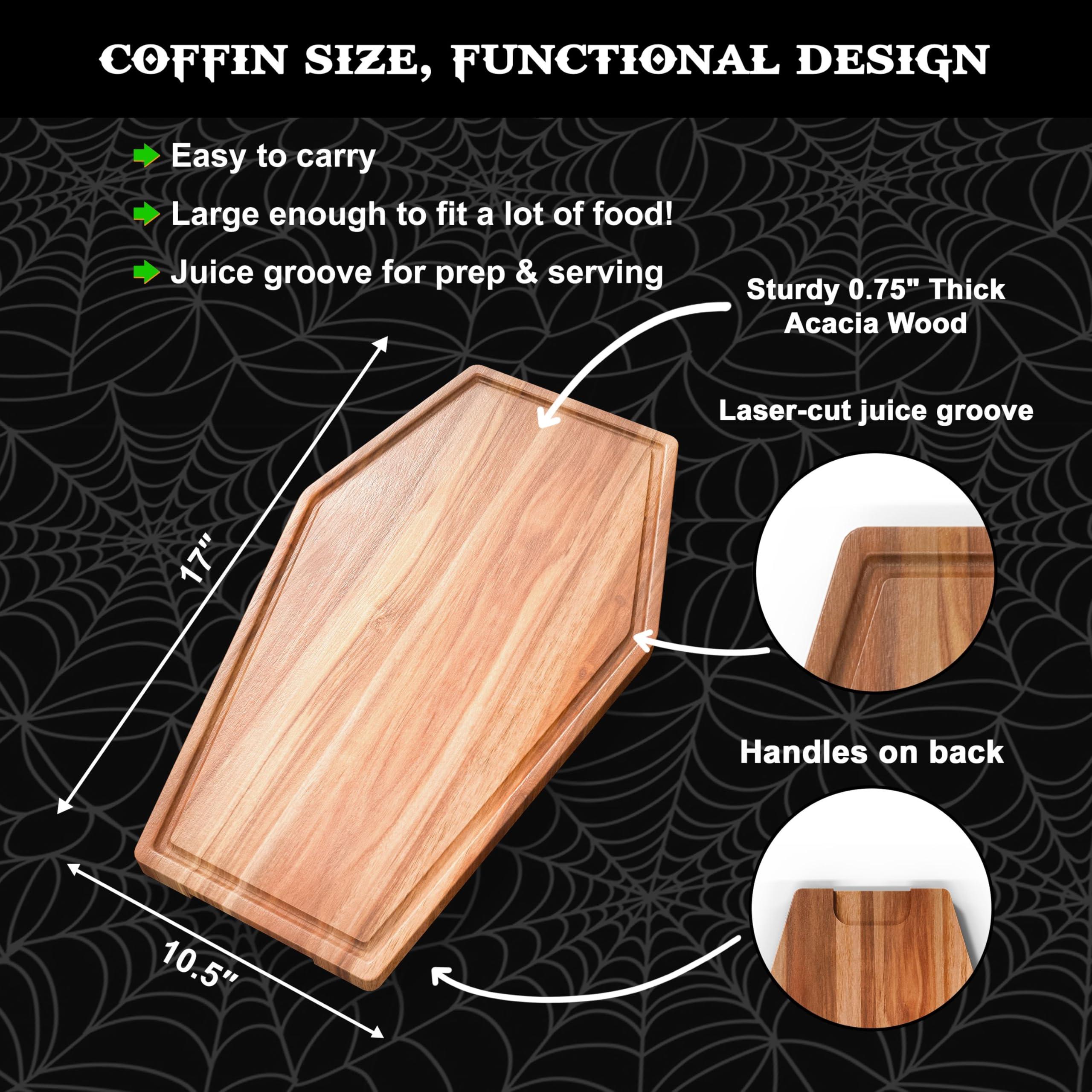 Großes Sarg-Charcuterie-Brett – Gothic-Schneidebrett aus Akazienholz, Sargform, 43,2 x 26,7 cm, Halloween-Holz-Serviertablett, Gothic-Platte, gruselige Dekoration, Geschenke