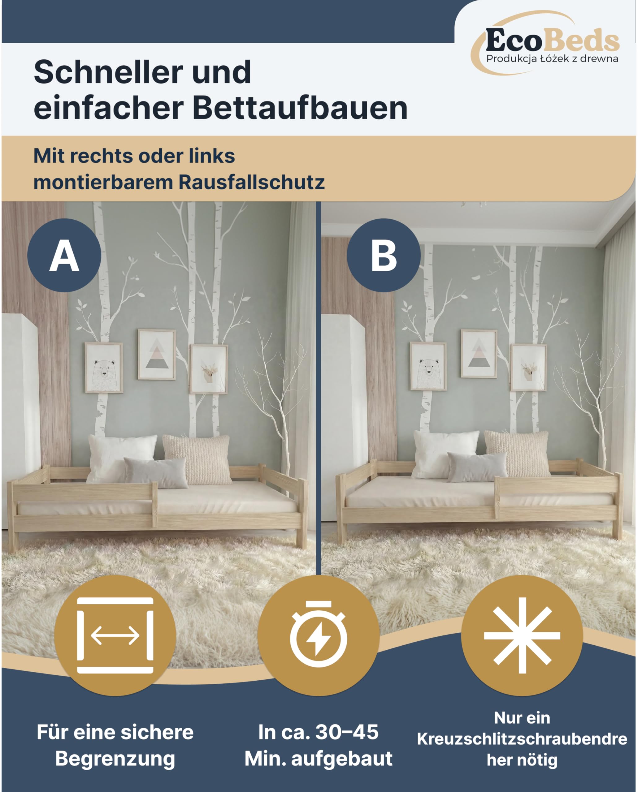 EcoBeds ALA Kinderbett 90x200 cm Kiefer Massivholz bis 150 kg | Weiß - mit Rausfallschutz, Lattenrost und Schublade zur Aufbewahrung, für Kinder und Jugendliche, einfache Montage
