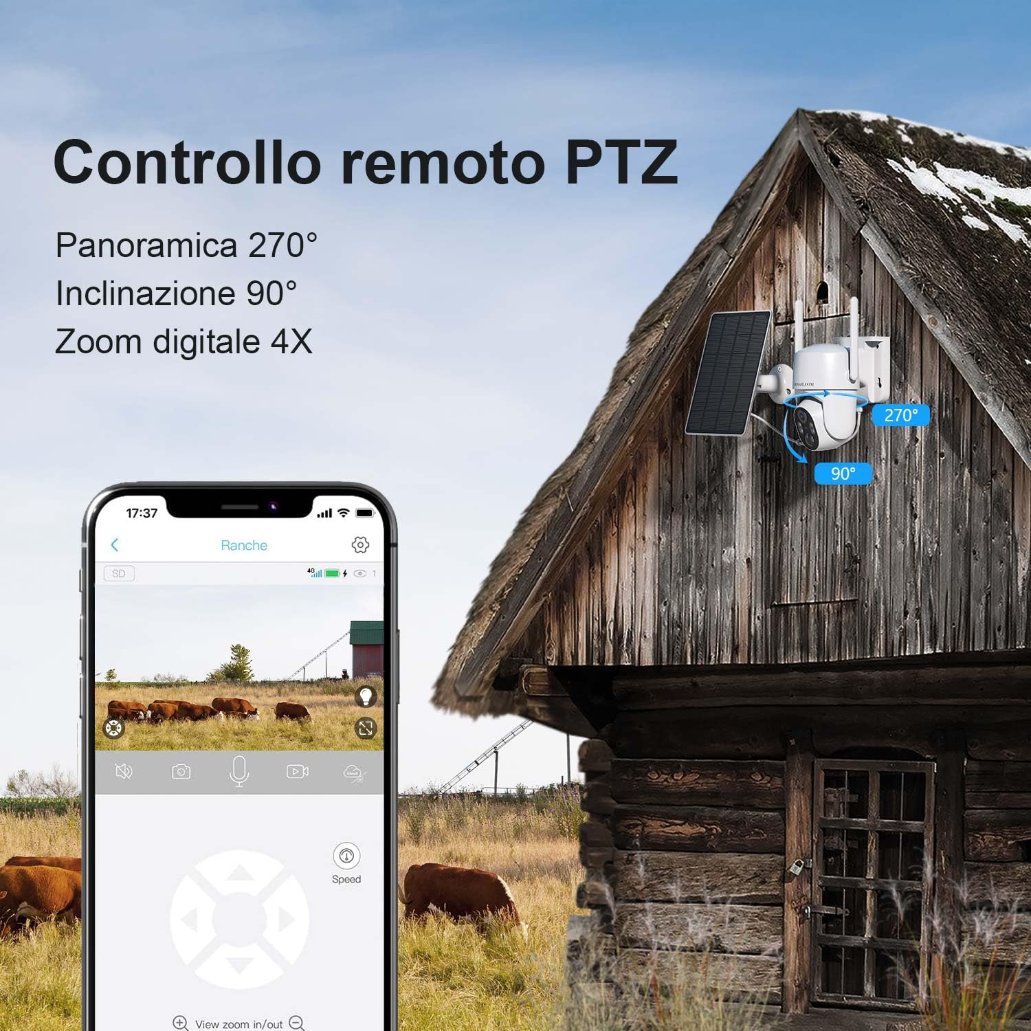 Telecamera con SIM, Telecamera 4G con Pannello Solare, Telecamere Senza Fili da Esterno, Versione Notturna a Colori 2K, Visualizzazione Live a 360°, Rilevamento del Movimento, Audio Bidirezionale