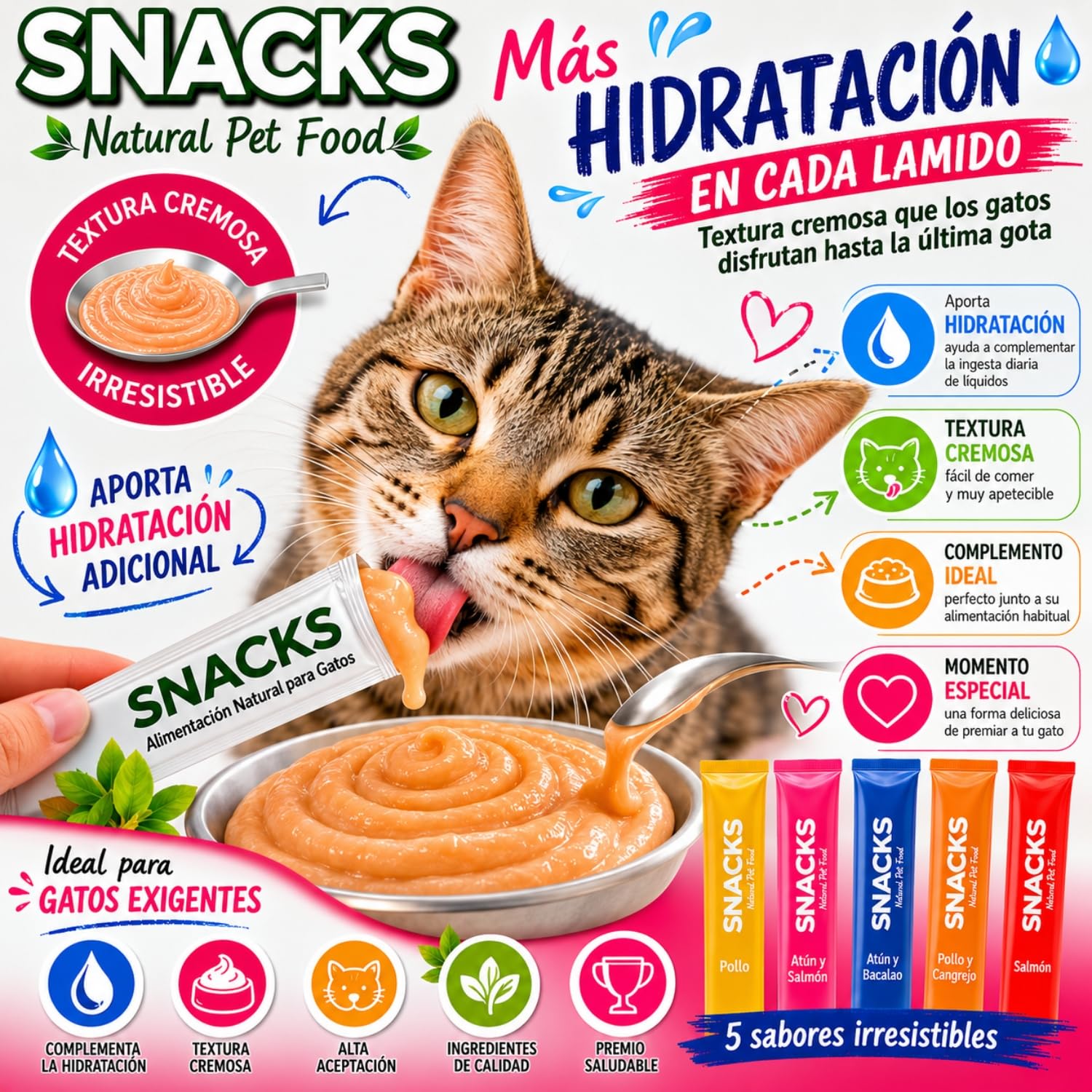 Snacks Gatos - Pack Variado Natural de Snacks Saludables 5 Recetas - Deliciosos Premios con Textura Suave y Cremosa - 1680gr (120x14gr)