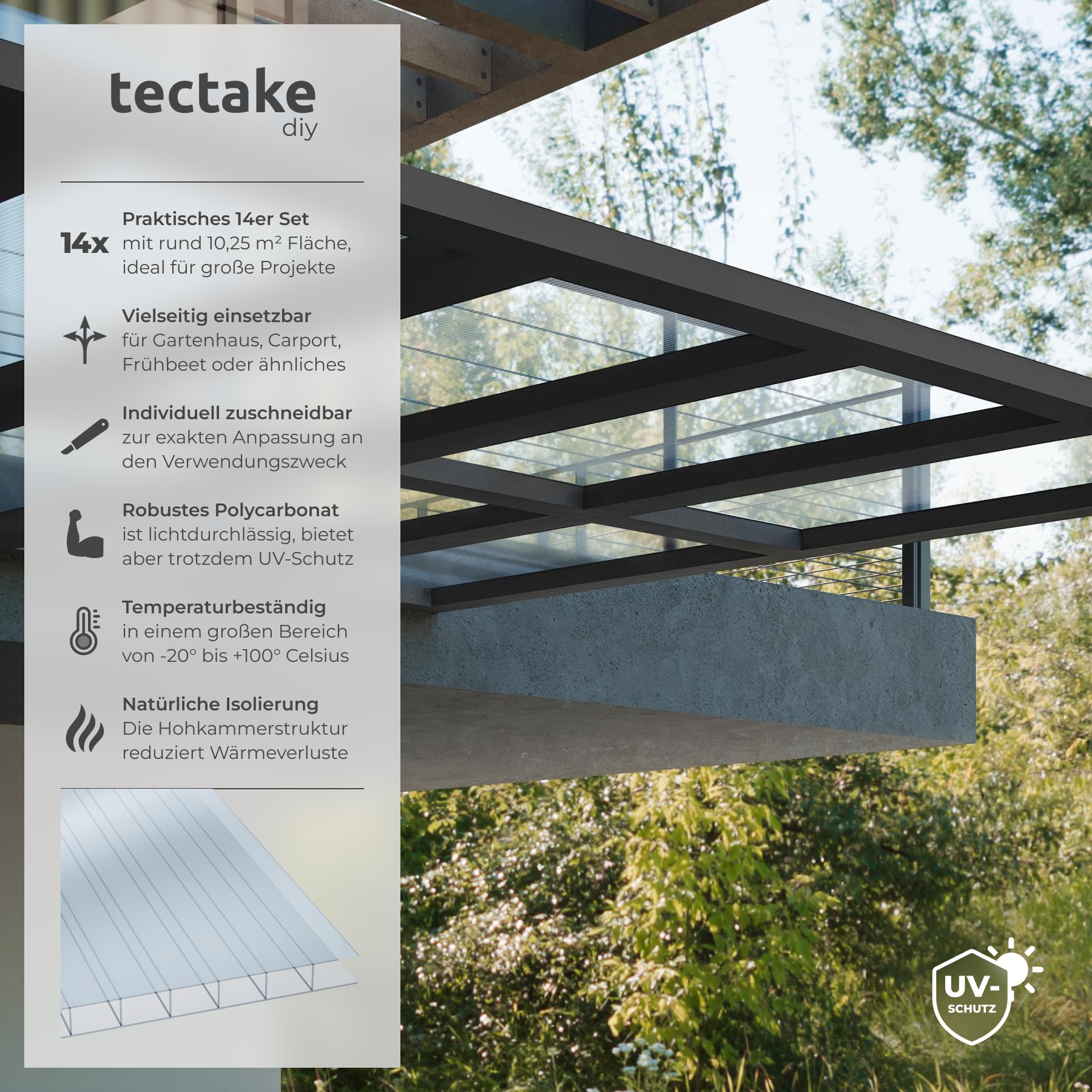 tectake® Polycarbonat Doppelstegplatten, 14x Platte, UV-beständige Kunststoffpaneele, Stegplatten Kunststoffplatte Gewächshaus, Terrassenüberdachung, Frühbeetaufsatz - 121 x 60,5 x 0,4 cm