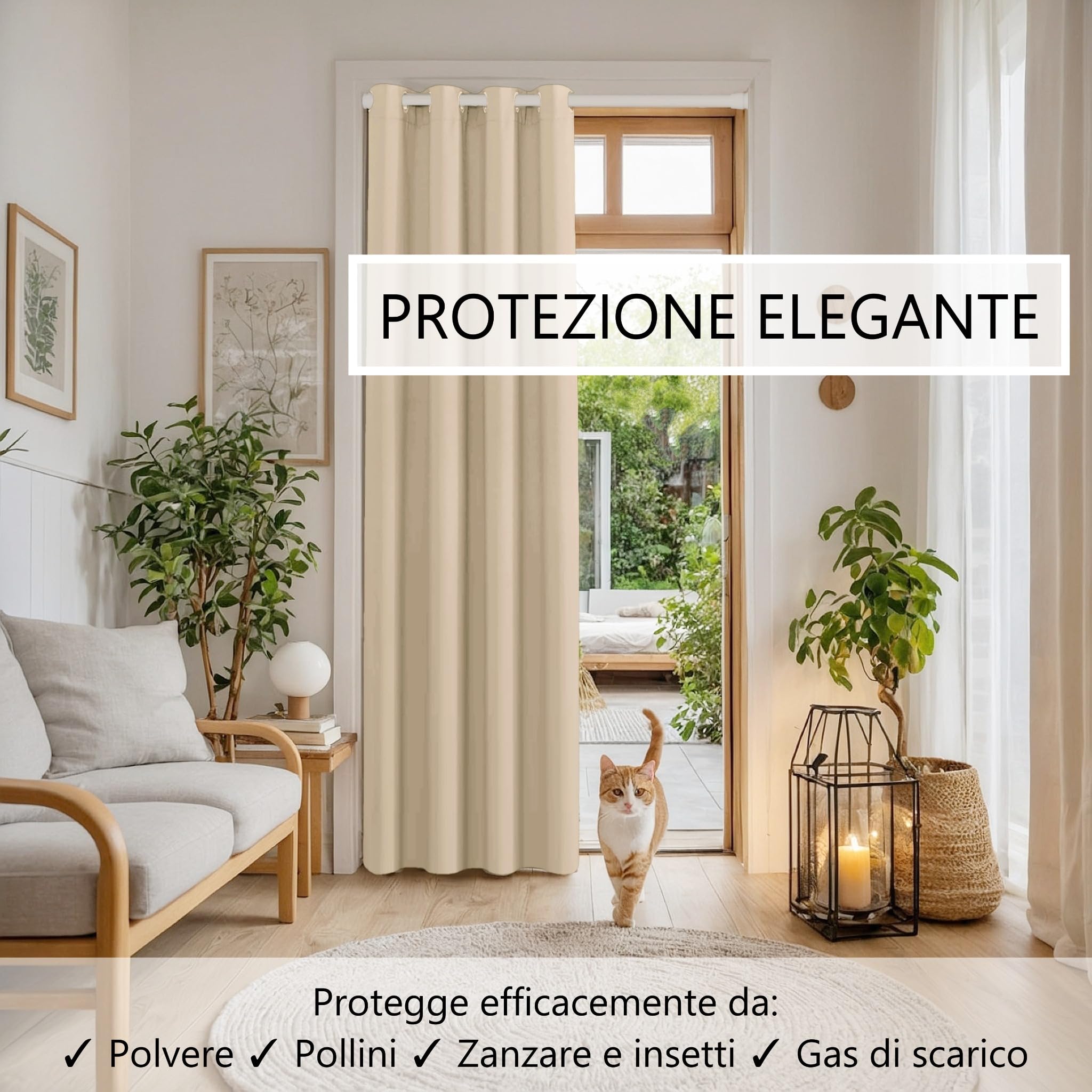 tenda per porta o armadio con asta telescopica, facile da installare in 1 solo minuto senza forare (tenda beige + asta bianca, larghezza porta 55-90 cm)