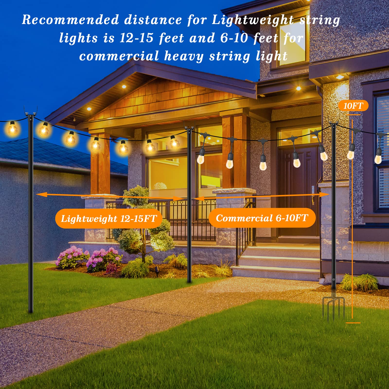 Mutovlin String Light Poles,10Ft Mental Poles for Outdoor String Lights,Light Poles with Fork and Base,Outdoor String Light Poles for Patio,Backyard and Garden (2 Pack)