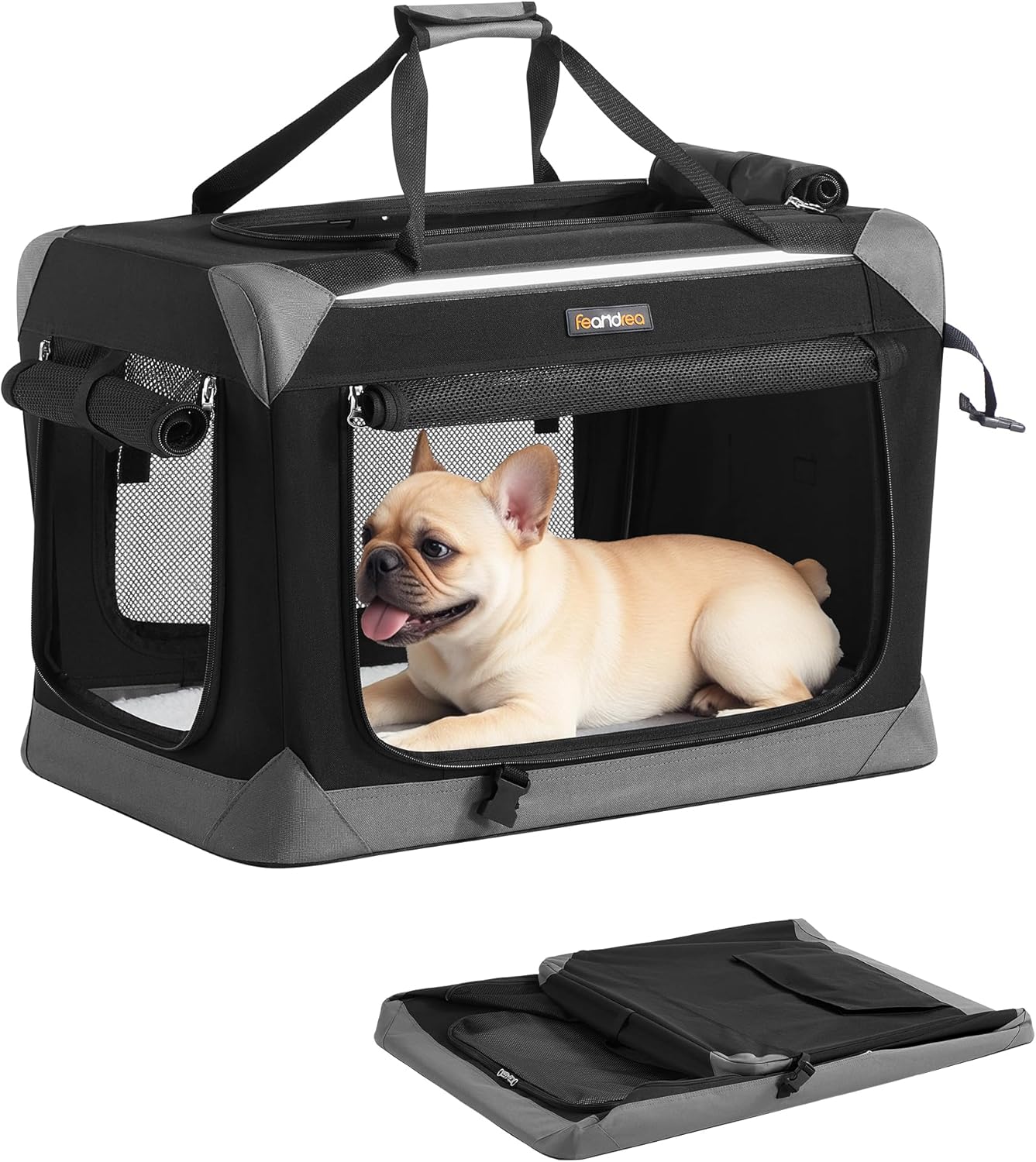 Feandrea Collapsible Dog Crate, Portable Oxford Fabric Pet Travel Crate with 4 Mesh Doors, Handles, Pocket, 36 Inches, for Large Dogs, Ink Black and Dove Gray UPDC029BH01