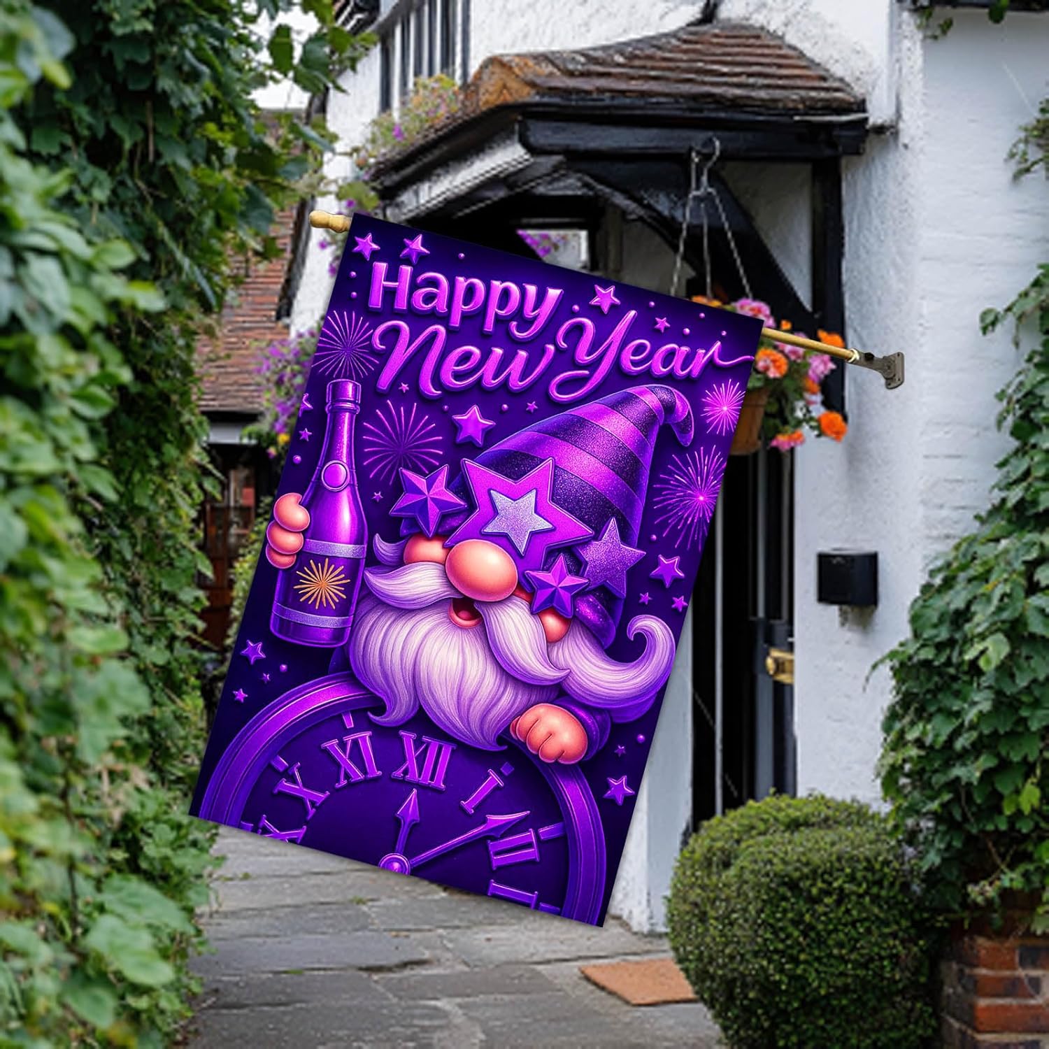 Happy New Year House Flag 28x40 Inch Double Sided Garden Flag Purple Gnome Clock and Champagne Design Winter Holiday Yard Banner Large Outdoor Polyester Flag for Porch Lawn Home Decoration - Image 6