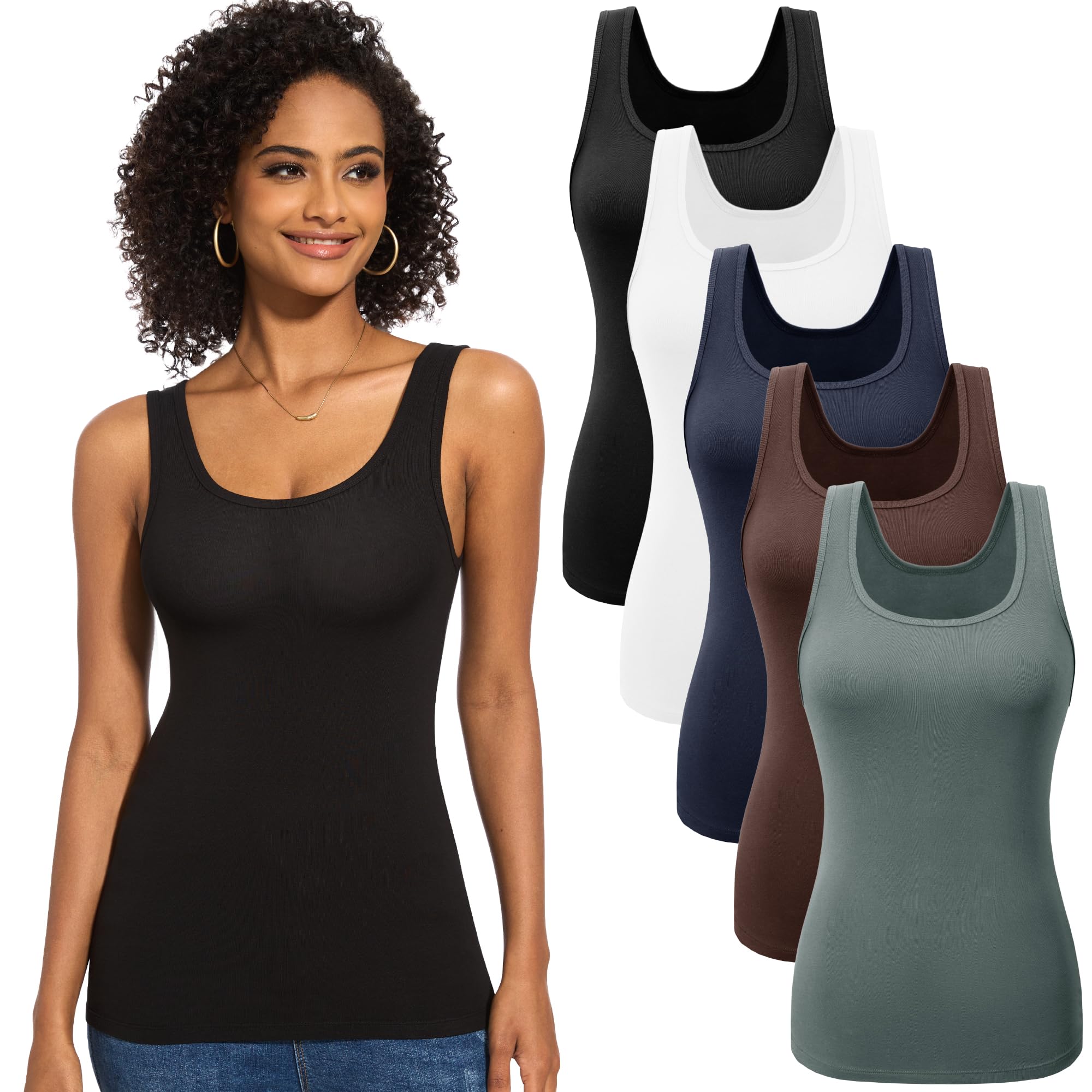 TVKSOM 5 Pack Basic Tank Tops for Women Undershirt Ribbed Sleeveless Casual Basic Tanks Top