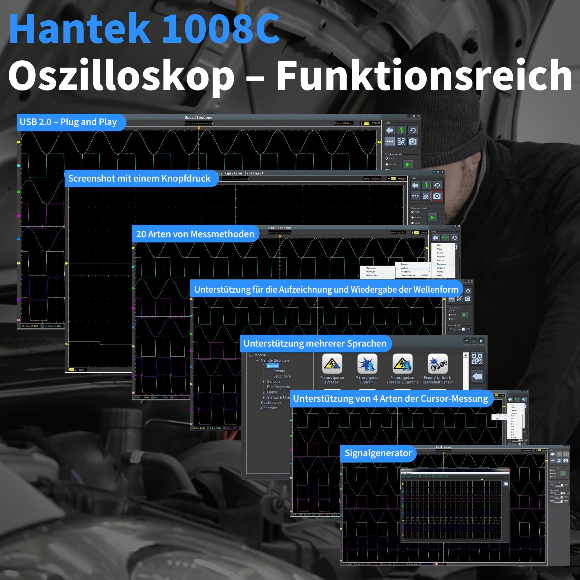 Hantek Oszilloskop, 8-Kanal Virtual Oszilloskop mit HT30A automatischen Testleitungen, HT201 20:1 Dämpfungsglied und HT307 Akupunktur-Tastkopf-Set, für mehrfache Fahrzeugdiagnose