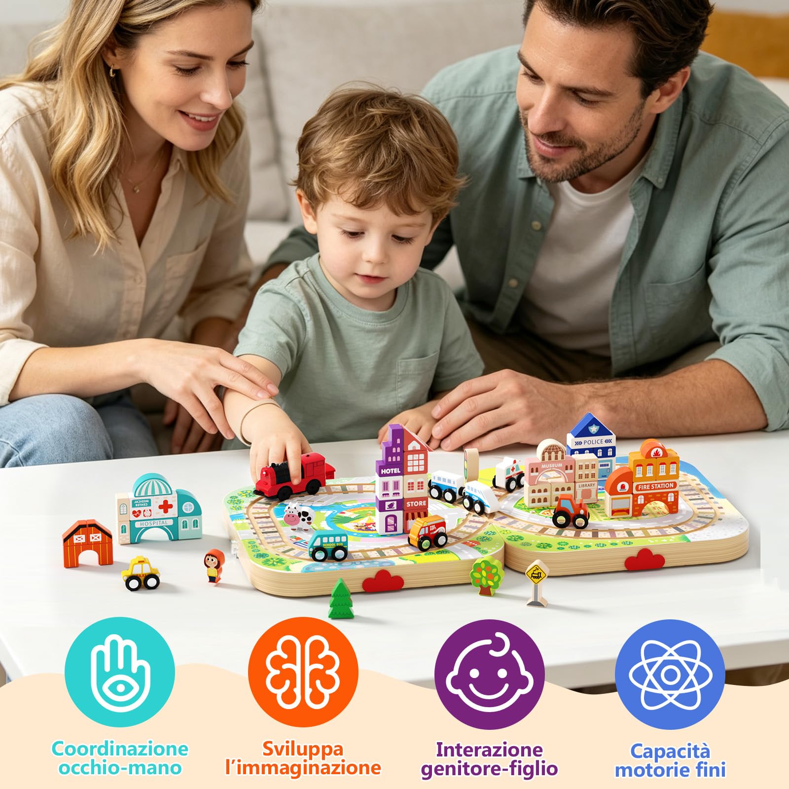 58 Pezzi Circuito Trenino in Legno, Valigetta Pieghevole di Gioco con Costruzioni Città e Auto, Gioco Educativo Montessori, Regalo Bambini 3 4 5 6 Anni