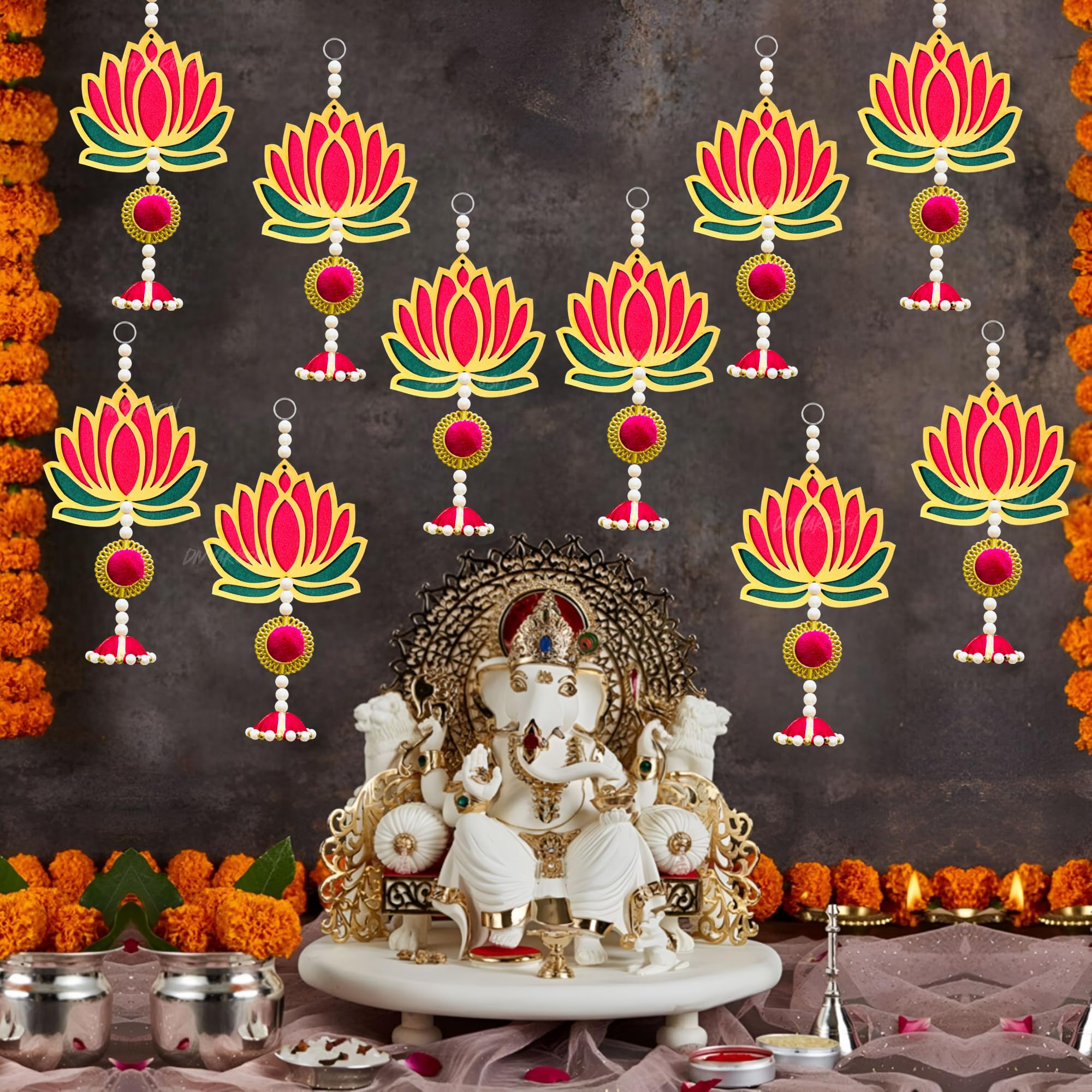 Divyakosh Pink & Green Lotus Hangings with Jhumki for Decoration, Pack of 10 | Door/Wall Decor, Mandir Pooja Room, Temple Decor, Export Quality | Size - 8 Inches |
