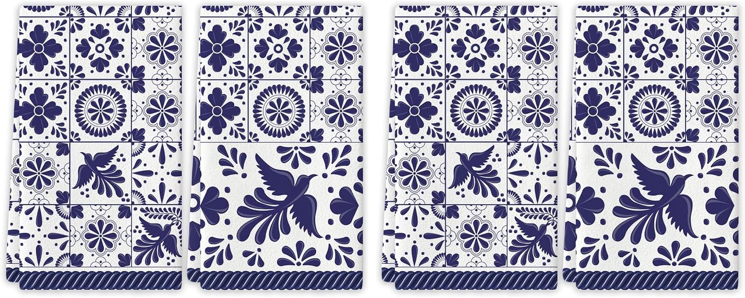 Mexican Kitchen Towels Blue Patchwork Tiles Dish Towels Mexican Fiesta Talavera Floral Bird Decor Mexican Dia de Los Muertos Decorations for Simple Life Home Party (Pack of 2)