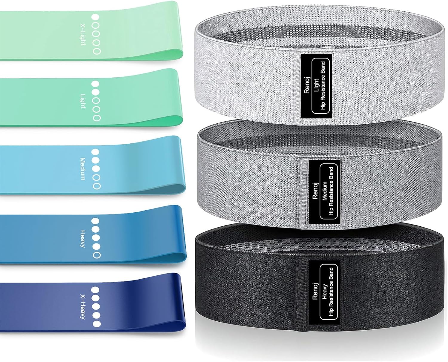 Bundle Set of 8 Resistance Bands for Workout, 5 Latex Exercise Bands and 3 Fabric Booty Bands with 2 Portable Bags