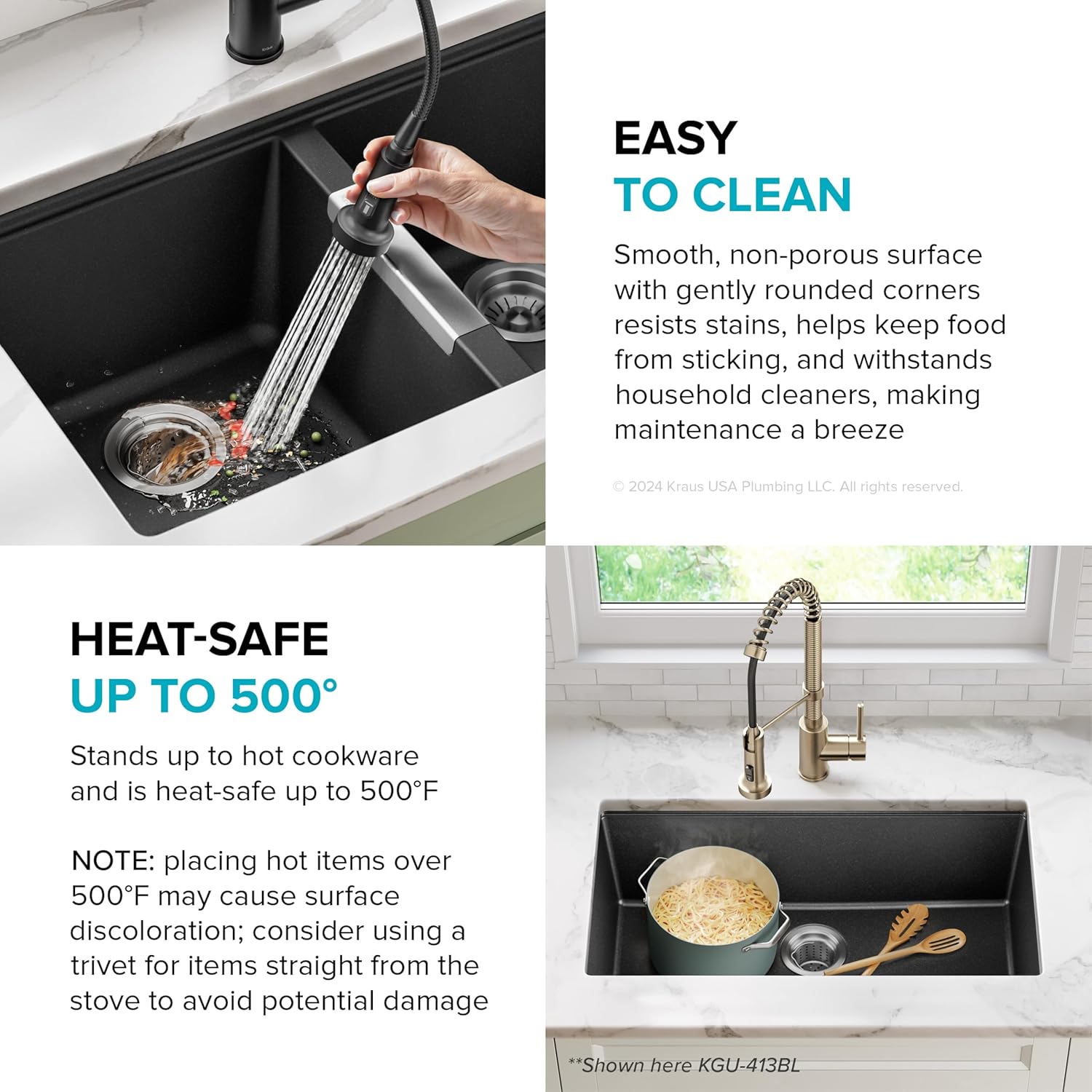 Image showing a hand cleaning the KRAUS Quarza sink with a cloth, emphasizing its easy-to-clean surface