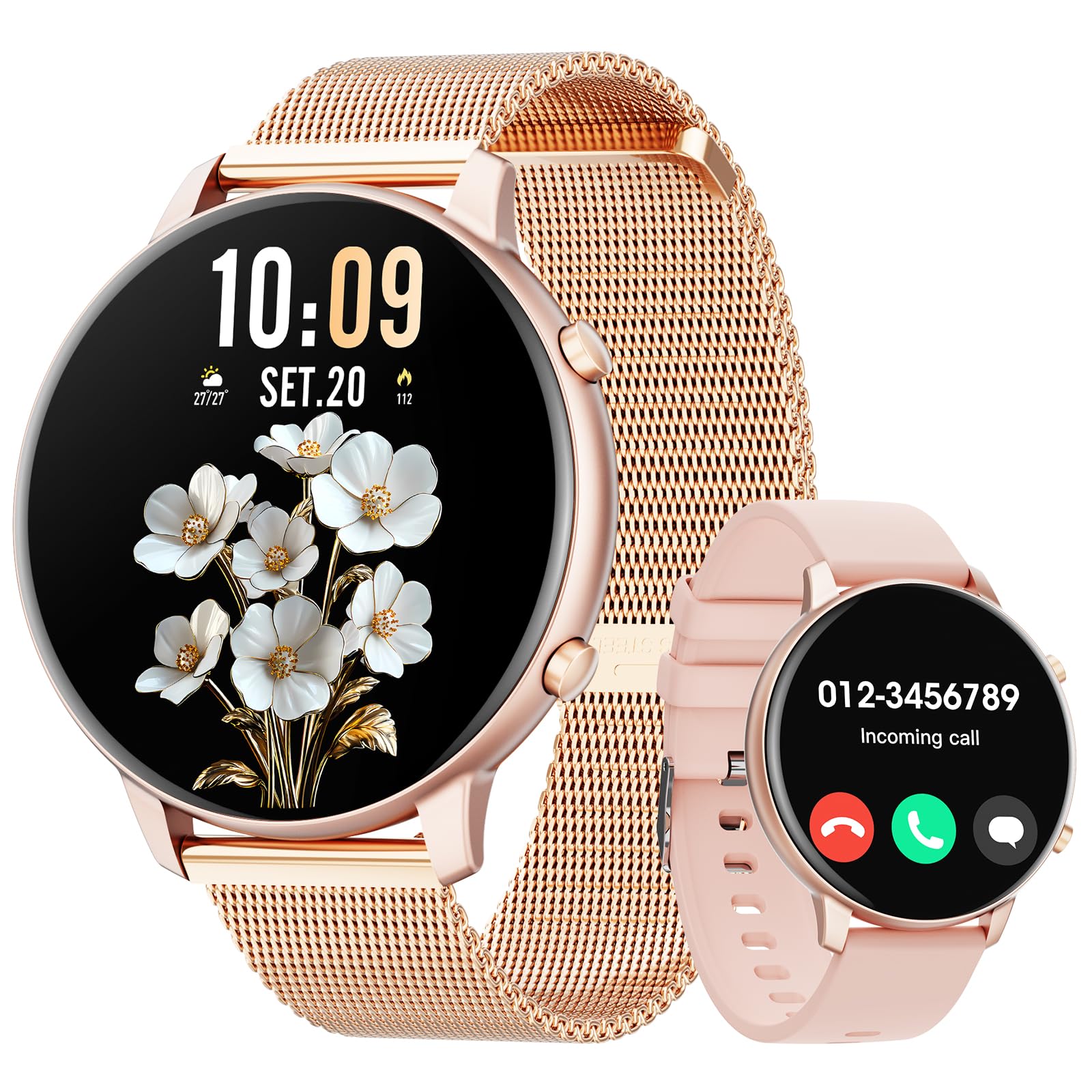 Hwagol Montre Connectée Femme avec Appel Bluetooth,1.39" HD Montre Connectée avec 2 Bracelets avec Moniteur de Sommeil Fréquence Cardiaque Podomètre Fitness Tracker pour Android iOS