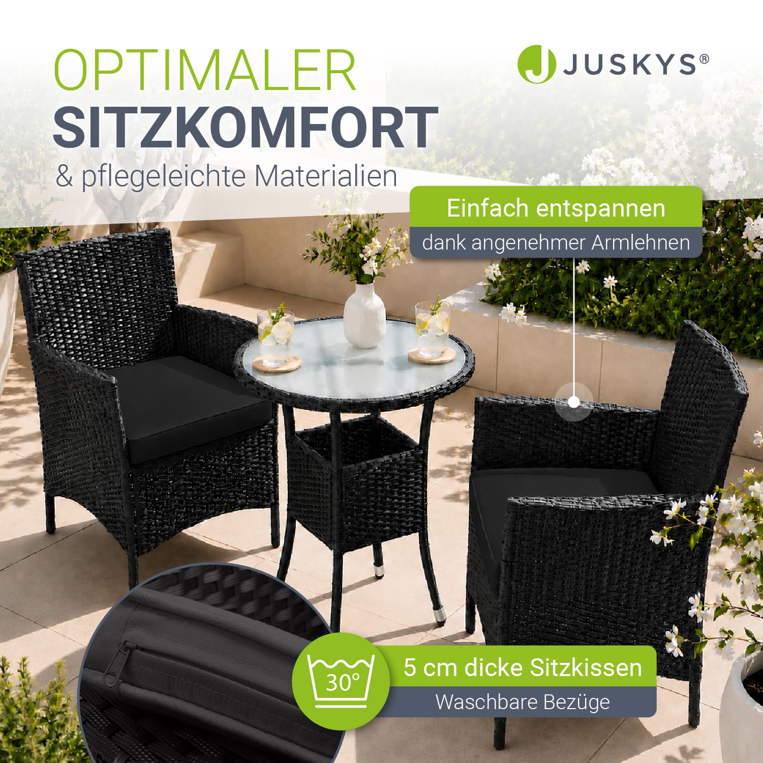 Juskys Polyrattan Balkon Set Bayamo 2 Personen - Tisch mit Glasplatte & 2 Stühlen - Wetterfeste Balkonmöbel - Auflagen waschbar - schwarz - grau