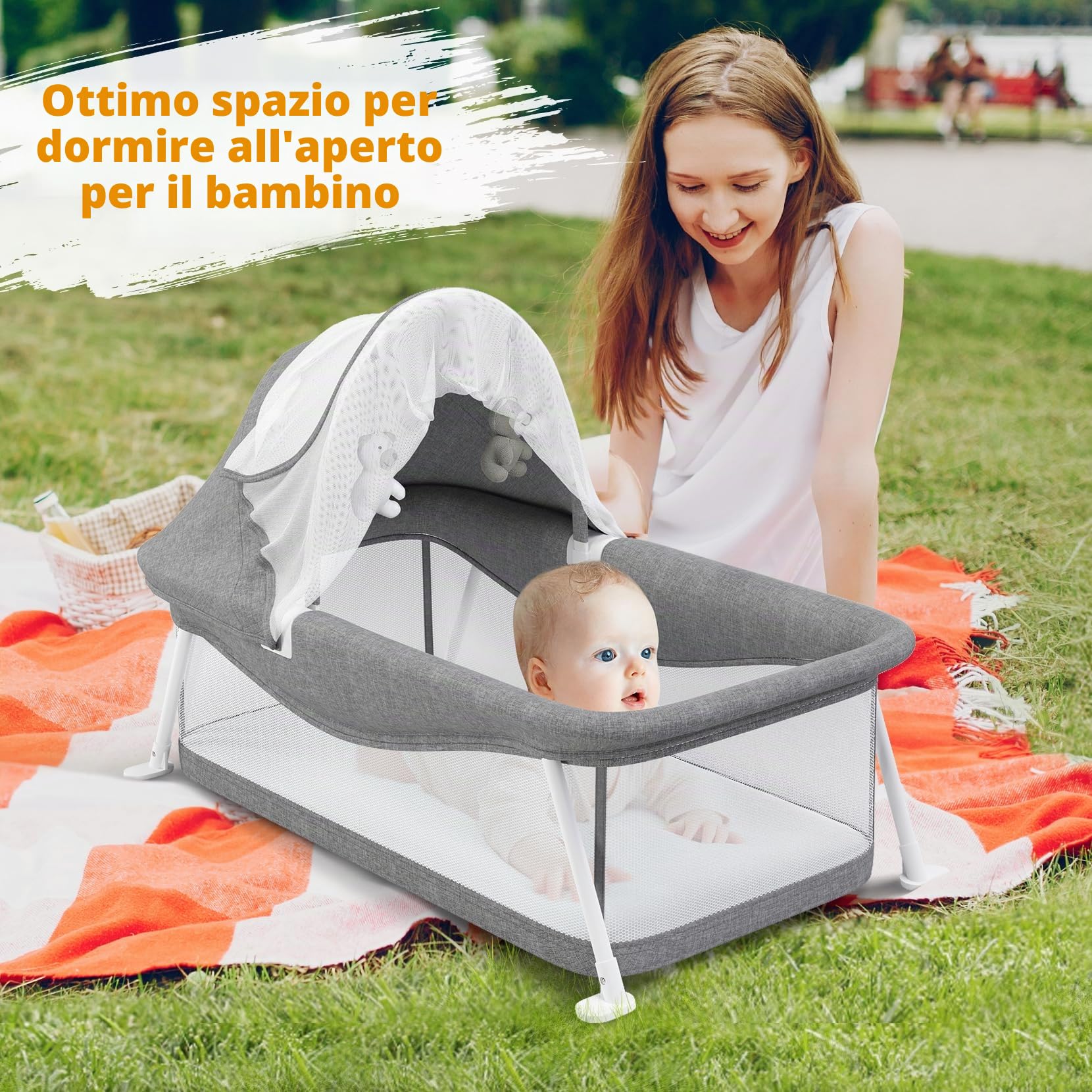 Lettino da Viaggio per Bambini, Adatto per bebè da 0 a 5 mesi, Tenda da Viaggio Pieghevole, Facile da Piegare, Dotato di Zanzariera e Giocattoli, Superficie 80 x 40 cm (Grigio)