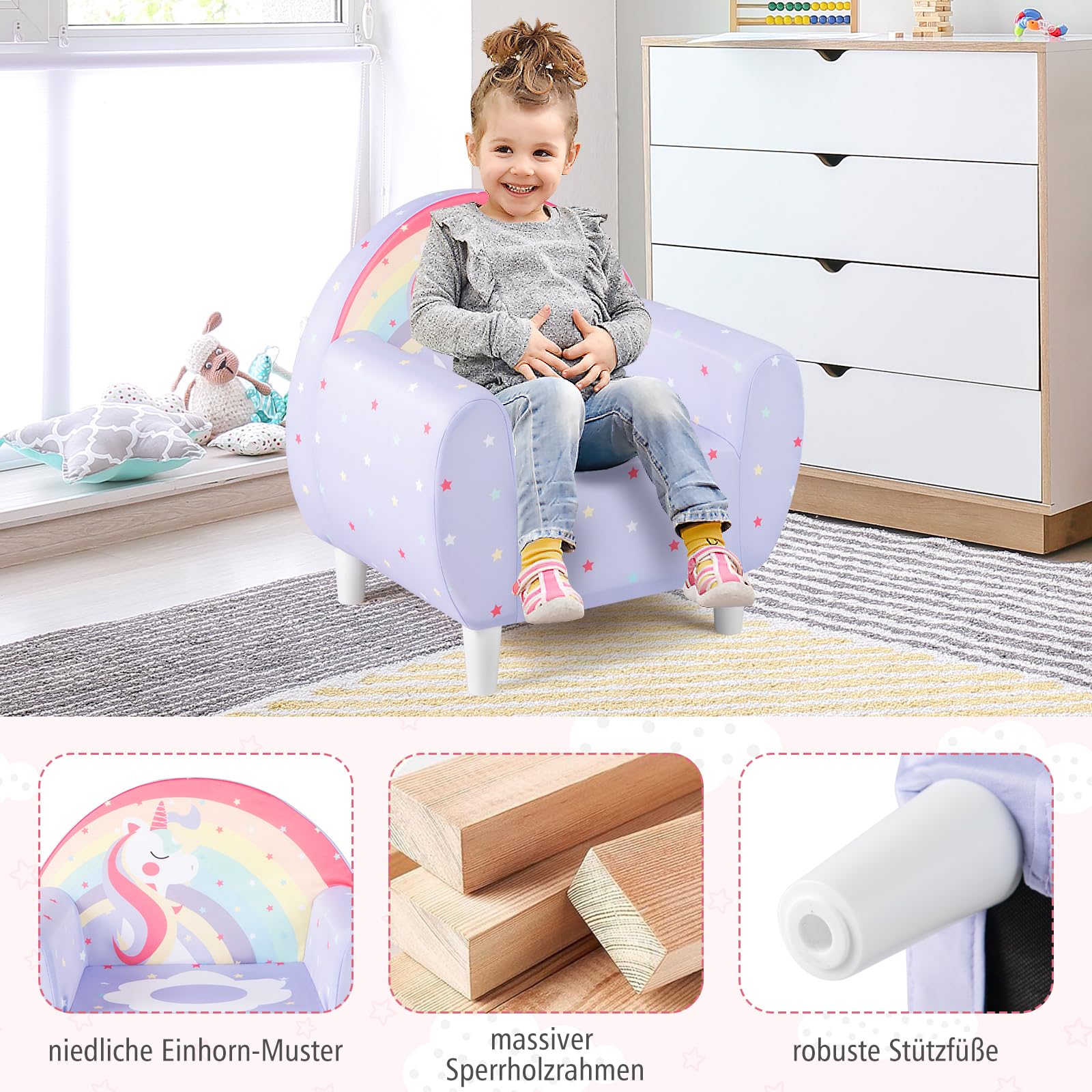 GOPLUS Sofa dziecięca Unicorn, fotel dziecięcy z oddychającym materiałem i gęstą pianką, tapicerowana sofa do zabawy, dla chłopców i dziewczynek od 3 lat, obciążenie 50 kg, 55 x 41 x 54 cm (fioletowa)