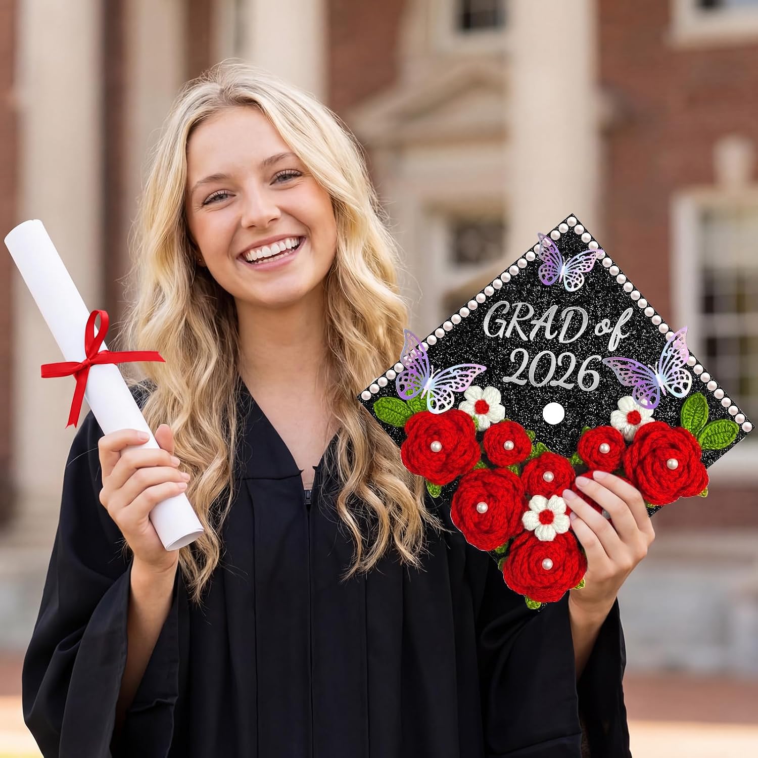 Gersoniel 30 Pcs Crochet Flower Graduation Cap Decoration Kit, Artificial Crochet Rose with Glitter Construction Paper Faux Daisy Pearl Letter Sticker for Grad Hat Topper Cover Craft Gift (Red)