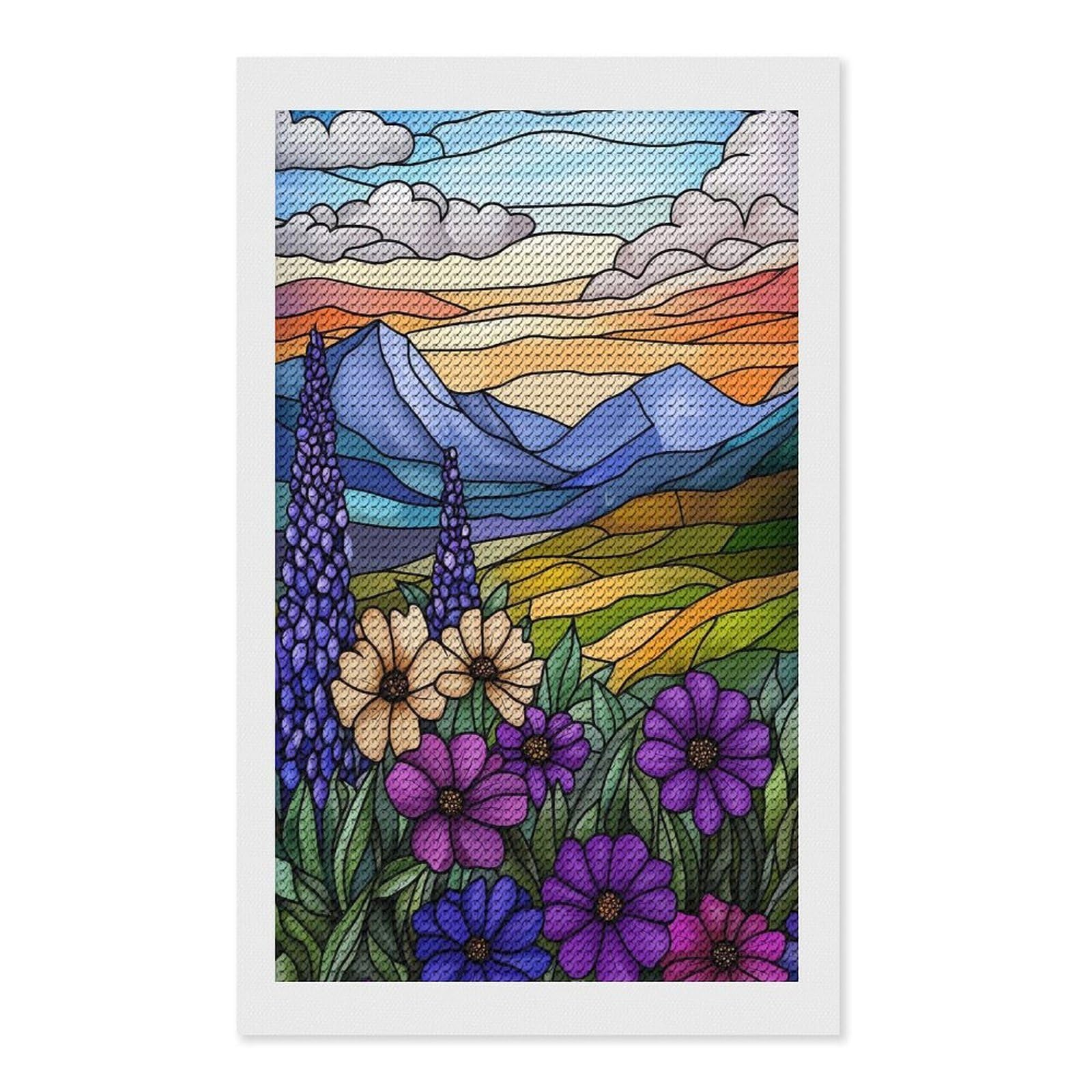 Junmoney Mountain Sunset Landscape Diamond Painting Set 12"x20", Neat Printed Canvas, with Tool Kit, Bedroom Decor, Gift Idea, Complete Accessories