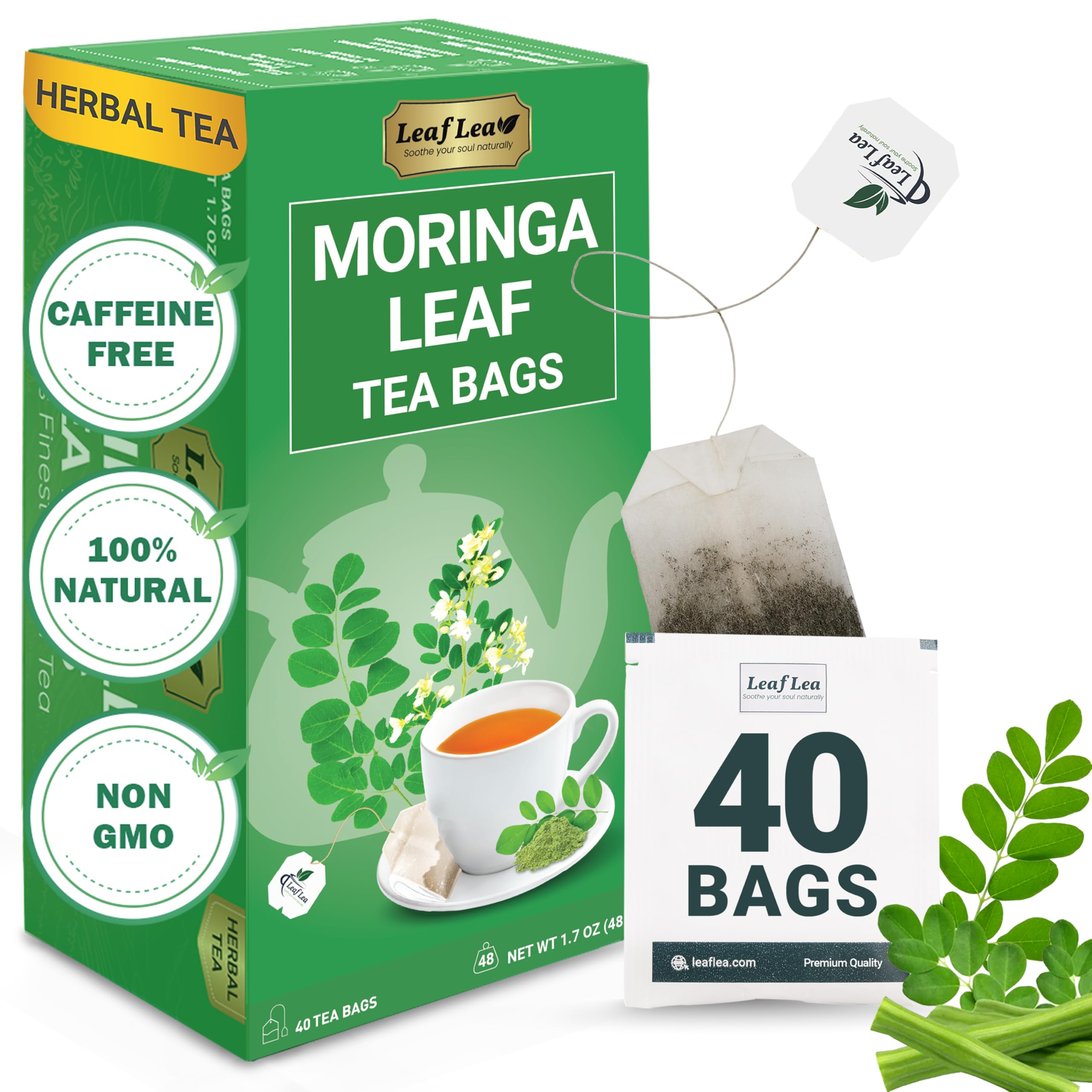 LeafLea 40 Moringa Tea Bags - 100% Natural & Pure from Moringa Leaves, Moringa Leaf Tea Supports Digestion & Immune Health Caffeine-Free, Sugar-Free, Vegan