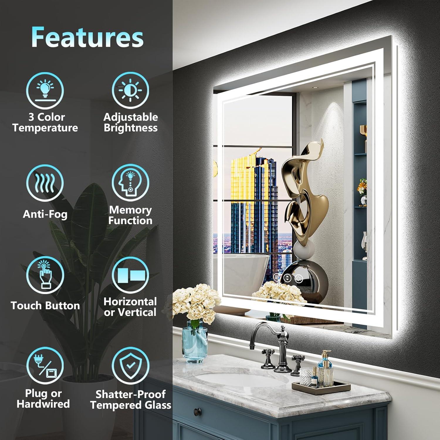 36x36 LED Bathroom Mirror with Lights, Backlit and Front Lit Anti-Fog Lighted Vanity Mirrors for Bathroom Wall, Dimmable, 3-Color Light, Memory, Shatter-Proof, HD Tempered Glass, CRI＞90