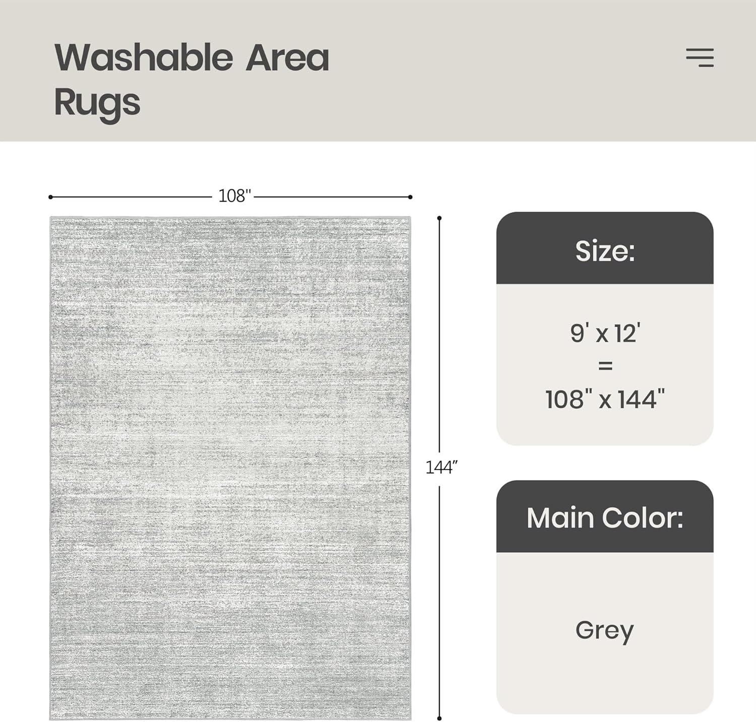 Valenrug Washable Rugs - Stain Resistant Area Rugs 9x12 Living Room, Non Slip Backing Printed Rugs for Bedroom, Folable Machine Washable Area Rug (Grey, 9'x12') 01-grey 9' x 12' (Rectangular)
