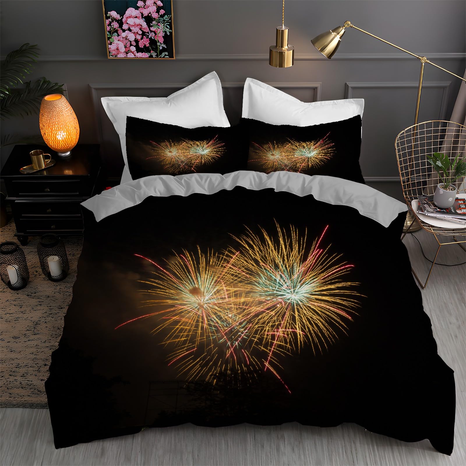 Housse de couette 200x200 cm avec 2 taies d'oreiller 65x65 feux d'artifice