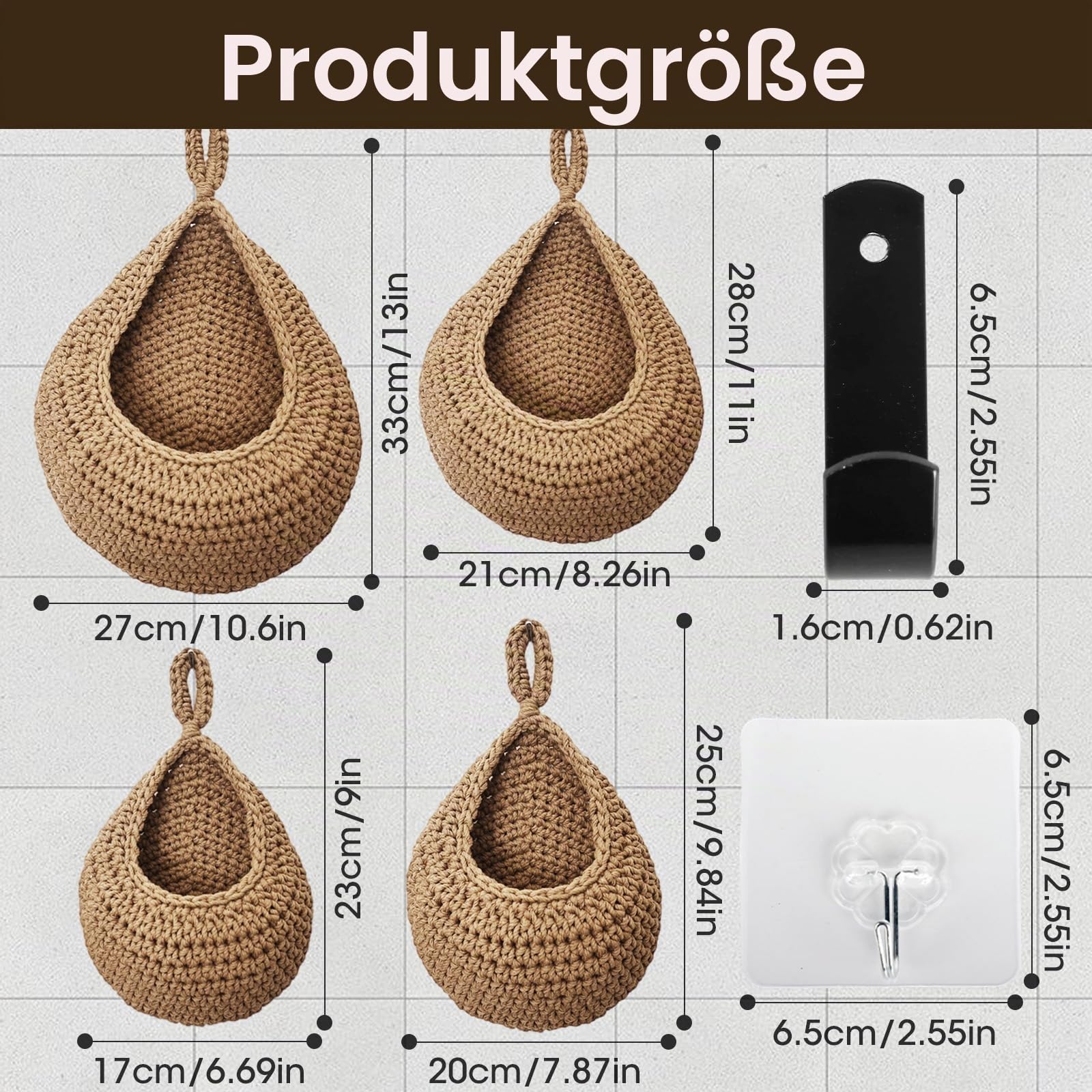 4 Stück Hängekorb Wandkorb Hängend, Geflochtener Korb zum Aufhängen mit Wandaufkleber und Haken für Aufbewahrung von Obst und Gemüse, Organisieren und Dekorieren