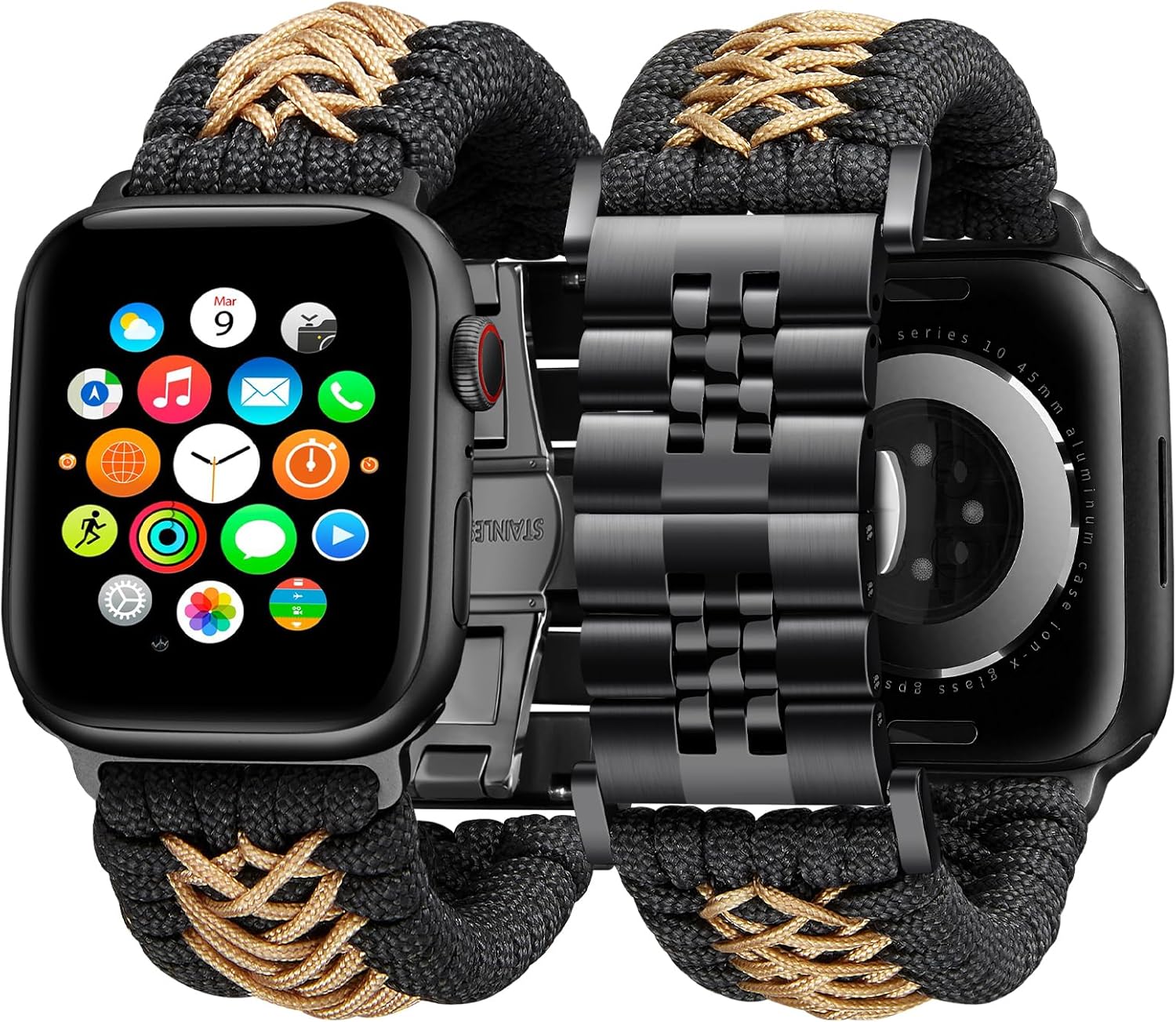BINLUN Compatible with Apple Watch Band 49mm 46mm 45mm 44mm 42mm 41mm 40mm 38mm Braided Paracord Stainless Steel Sport Watch Strap Fit for iWatch Ultra Series 11/10/9/8/7/SE/6/5/4/3/2/1 for Men Women