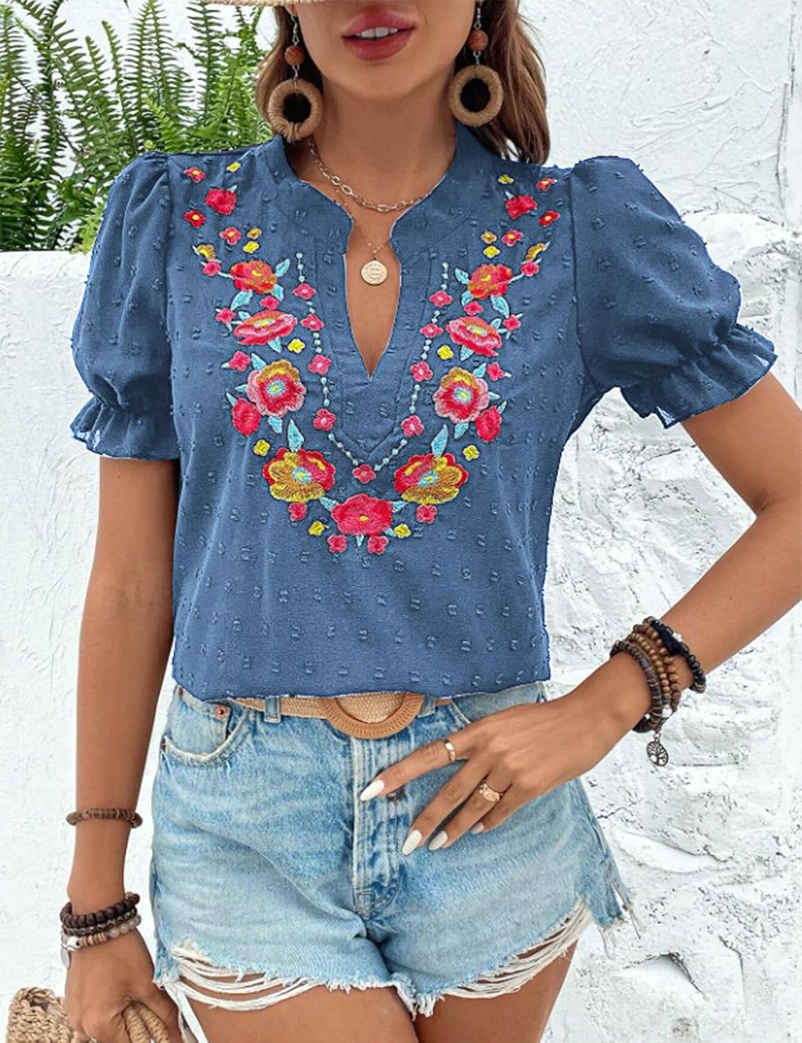 ZILIN Women's Casual Floral Embroidered V Neck Boho Short Puff Sleeve Shirts Loose Summer Blouses Tops Fashion Clothes 2026