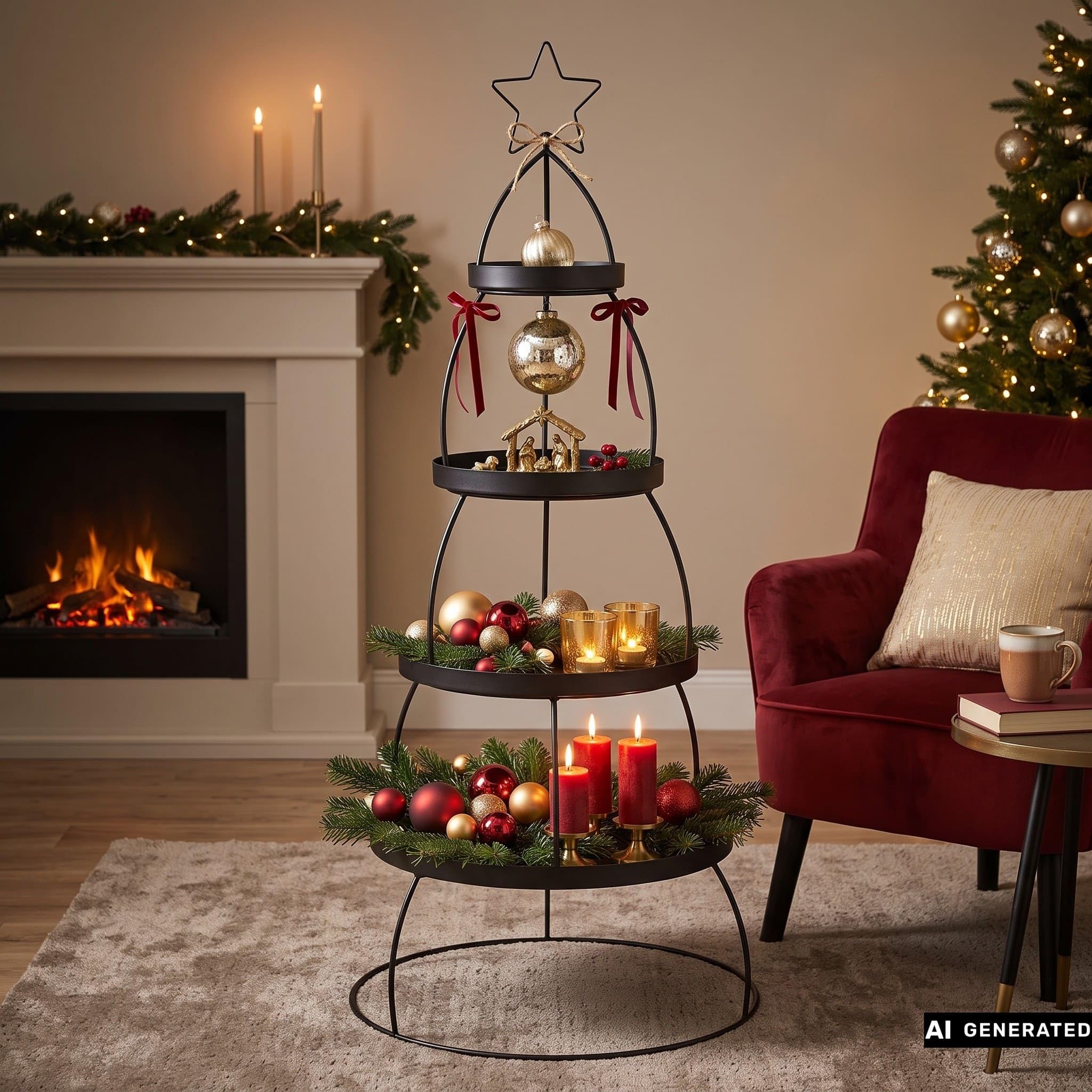 XXL Etagere "Tannenbaum" aus Metall, schwarz, Ø 56 x 132 cm, 4 Etagen