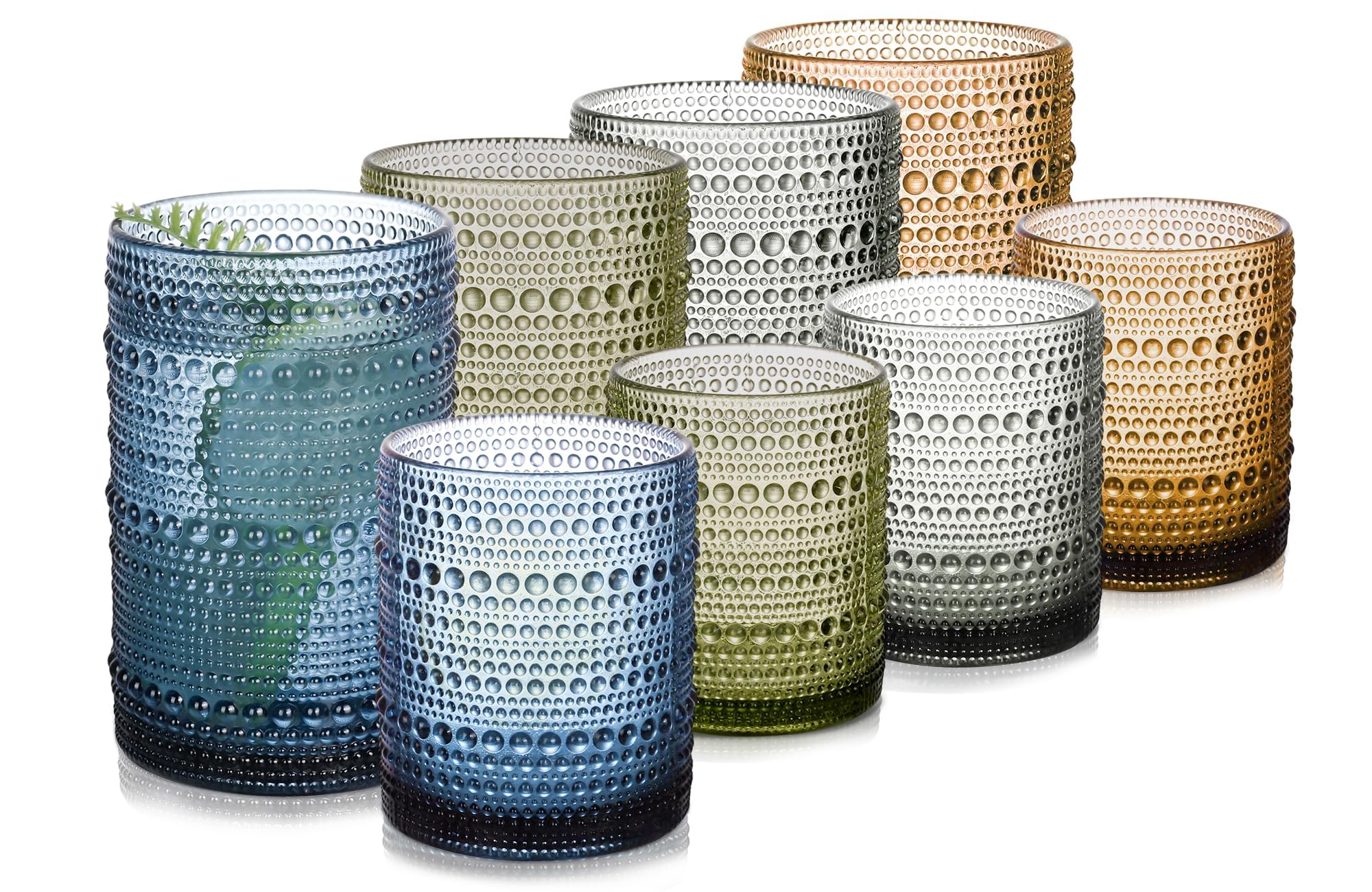 Colored Hobnail Drinking Glasses Set of 8，15 oz Vintage Highball Glassess &amp; 12 oz Cocktail Glasses，Drinkware Kitchen Glasses for Cocktail, Iced Coffee, Beer, Ice Tea, Wine, Whiskey, Water