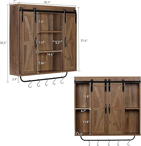 Vista 3 de RUSTOWN Armario de almacenamiento de pared de madera rústica con dos puertas correderas de granero, armario decorativo de 3 niveles para cocina