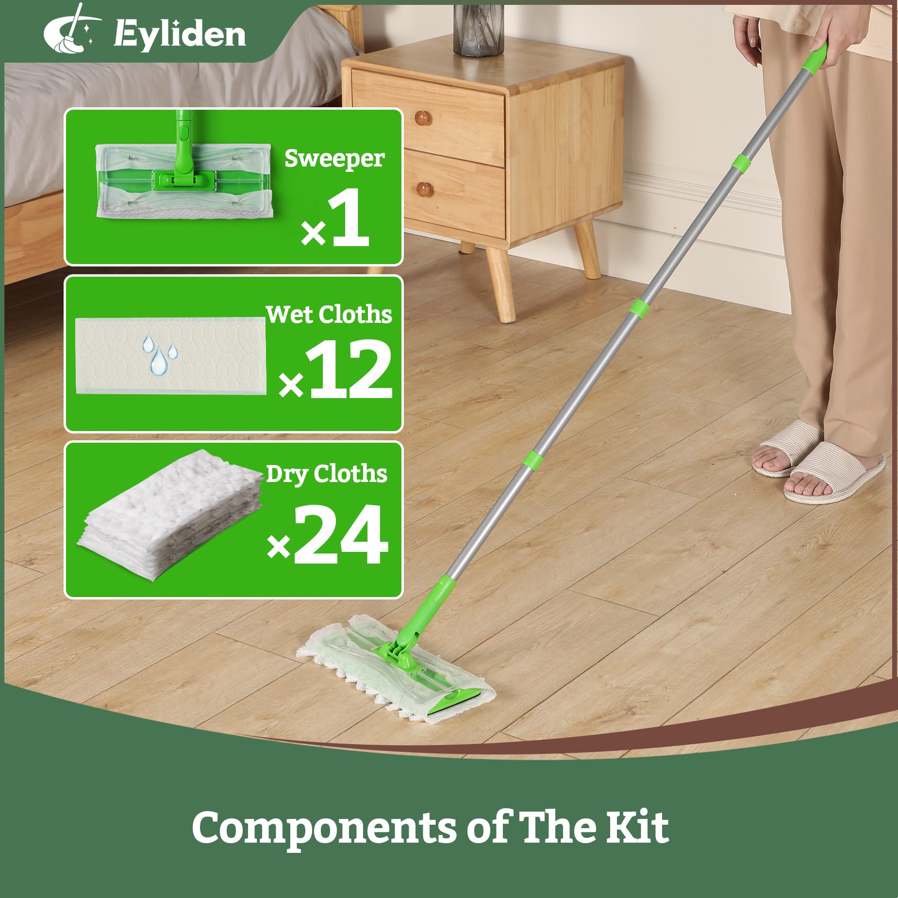 Eyliden Kit de iniciación de fregona con 36 recambios (12 toallitas húmedas + 24 paños Secos), fregonas Desechables 3 en 1 para Limpiar Suelos, mopas de Suelo seco y húmedo para Azulejos de Madera