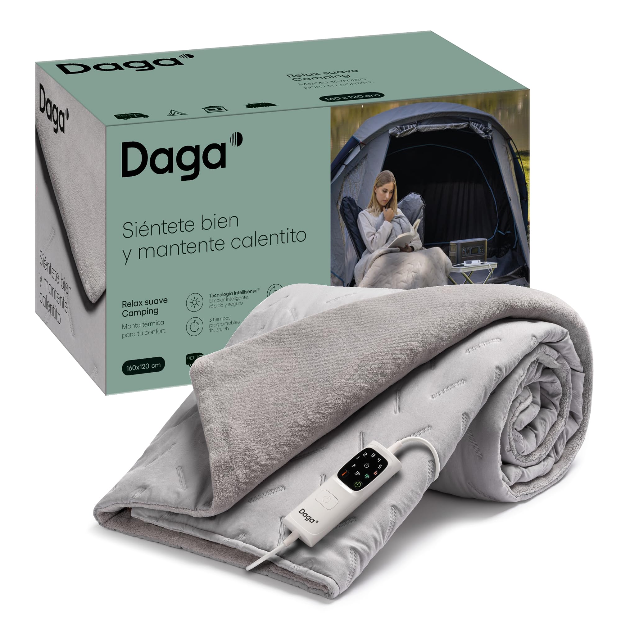 Daga CaldoPlaid Adapto Camping, Manta Eléctrica ideal para autocaravana, caravana, tienda de campaña, 160x120 cm, Bajo consumo, Tecnología Adapto, Segura, Calentamiento rápido, 6 Temperaturas, Lavable