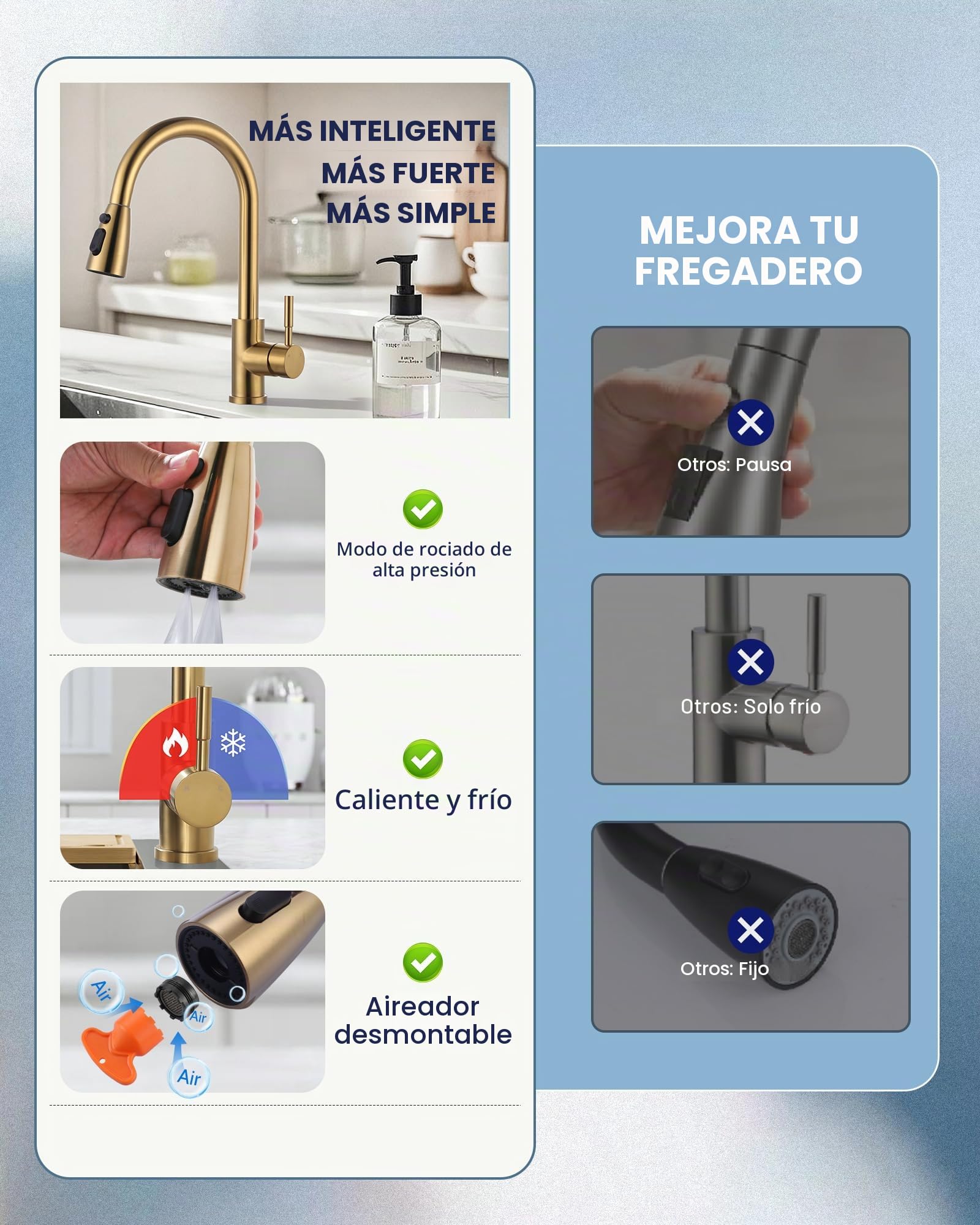 ARCORA Grifo Cocina Extraíble 360° Giratorio, Grifo Monomando Acero Inoxidable con 3 Modos de Chorro, Cartucho de Cerámica, para Fregaderos Profundos de Cocina, Dorado