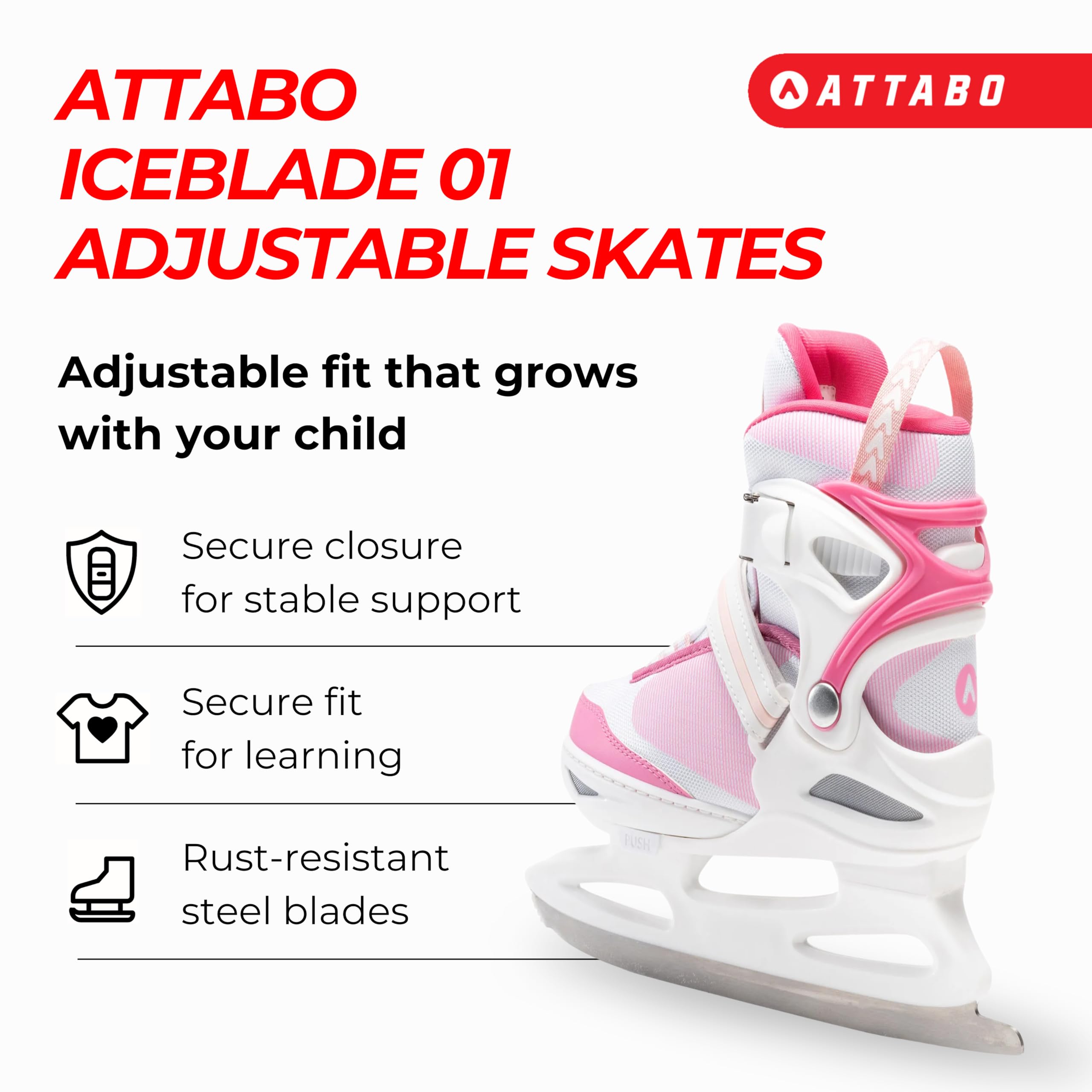 ATTABO Kinder Eiskunstlauf Schlittschuhe mit 5-stufiger Größenverstellung | Warm gefüttert, stabil und bequem | Edelstahl-Kunstlaufkufe für einfaches Fahren Lernen