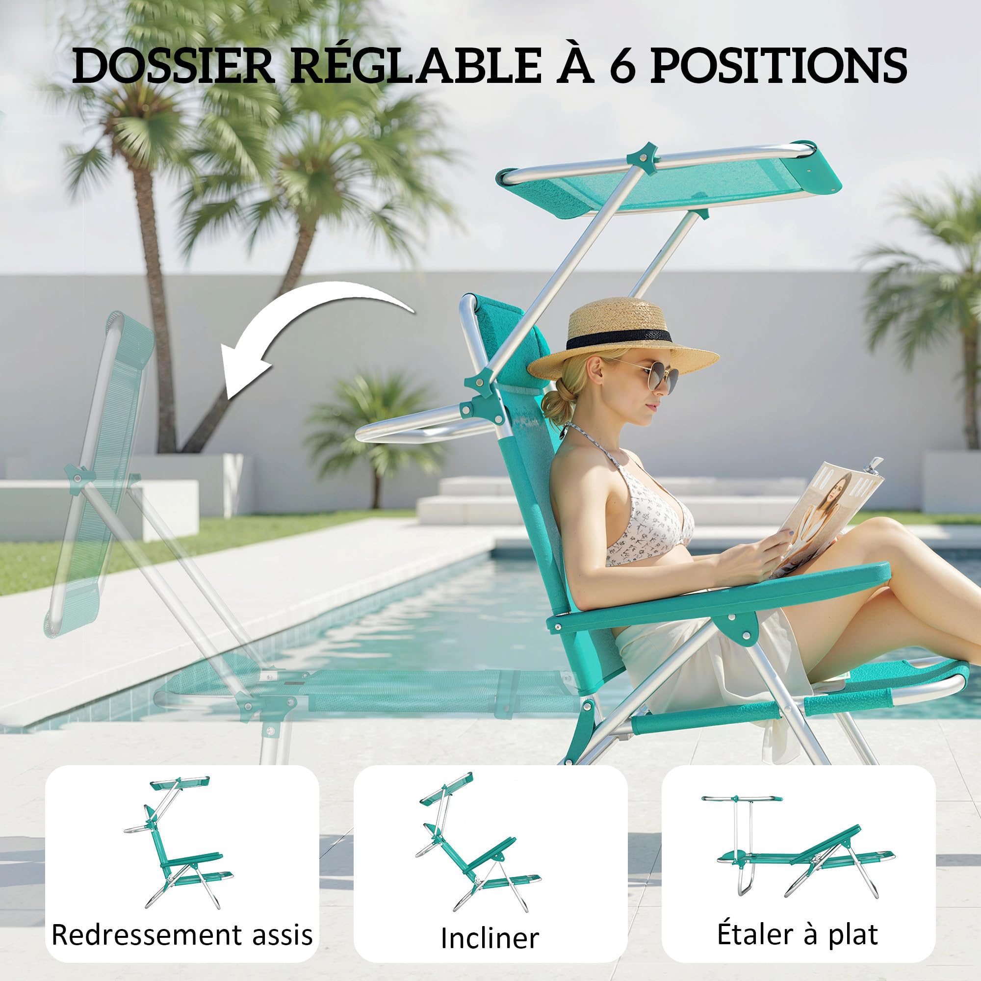 Outsunny - Silla de Playa Plegable con Toldo Ajustable, Respaldo Reclinable de 6 Posiciones, Reposacabezas, Aluminio y Malla Transpirable, para Exterior, Jardín, Pícnic, Festival, Viajes, Turquesa