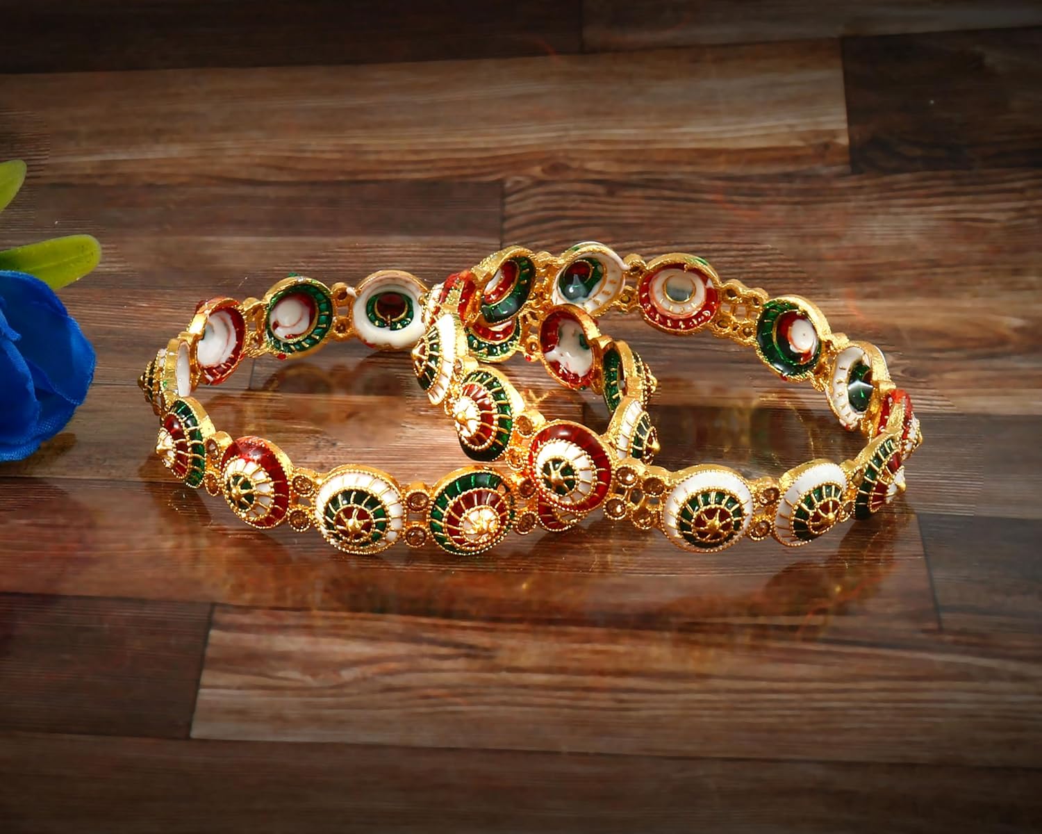Jewar Mandi Bangles Set 2 Piece Pearl Polki Ad Cz Handmade Multi Color Meena Work Gold Plated Color Stones Traditional Indian Bracelet For Women - Image 3