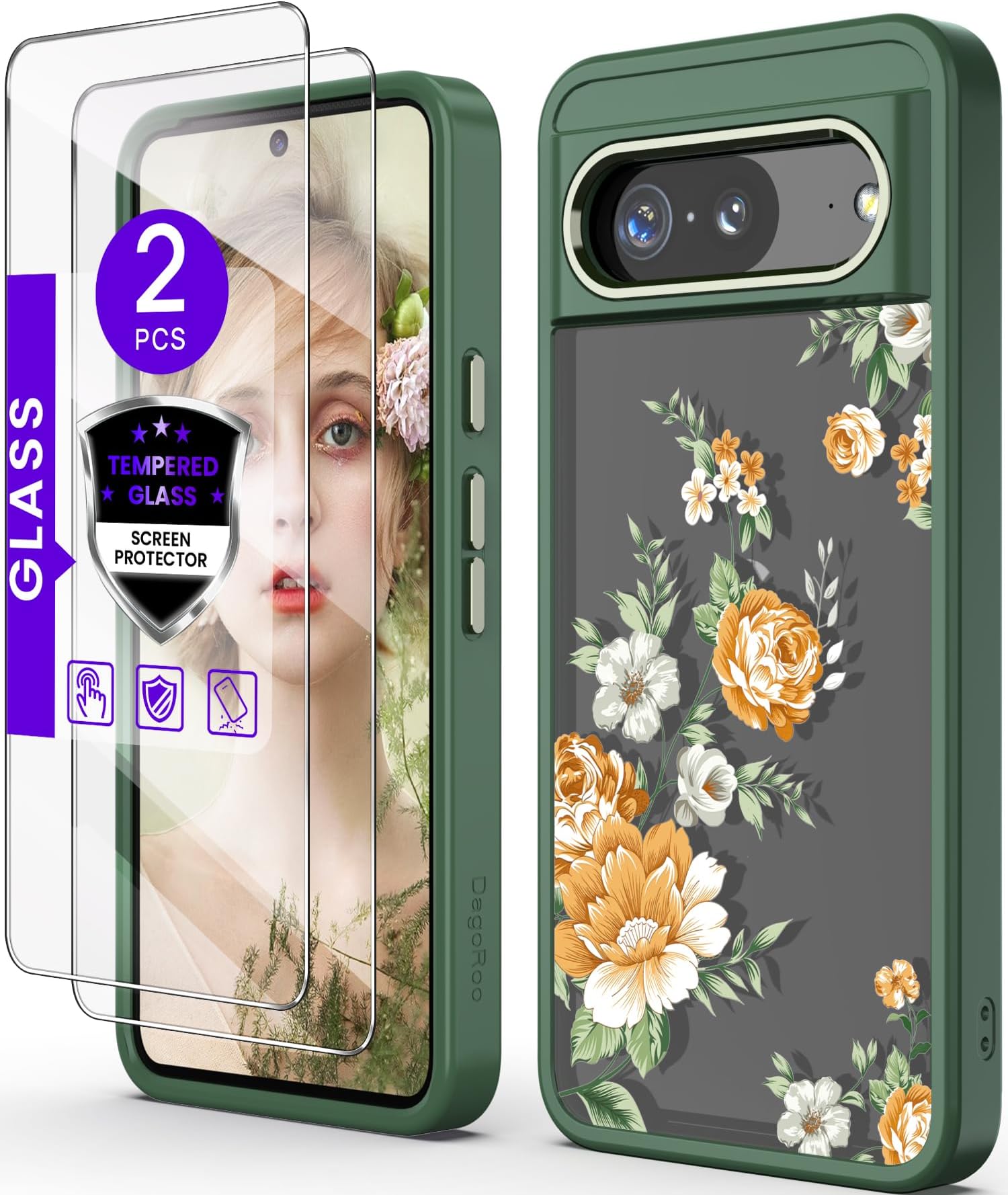 for Pixel 8 Case, Google 8 Case with Tempered Glass Screen Protector [2 Pack], [Military Grade Protective] Slim Soft TPU & Hard PC, Girls Women Crystal Clear Flower Pattern Cases-Alpine Green