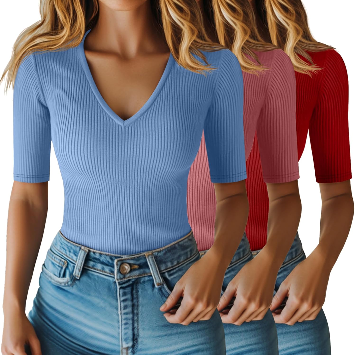 Riyiper 3 Pack Women's Half Sleeve Top Elbow Length Ribbed Cotton T Shirt Women V Neck Summer Tee Slim Fit Casual Blouses