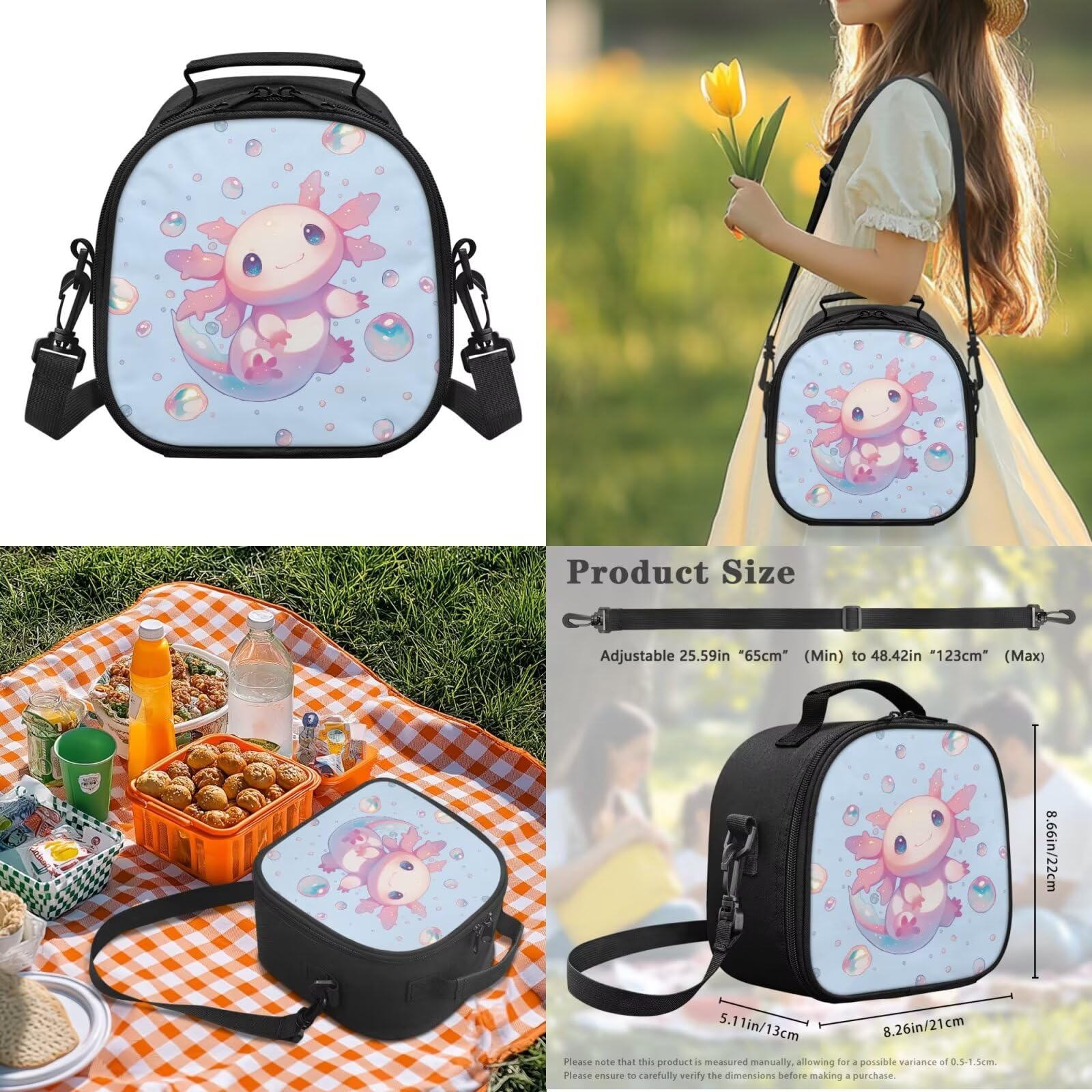 Howilath Set zaino per bambini per ragazze e ragazzi elementare scuola media 4 pezzi con portapranzo astuccio astuccio bottiglia d'acqua Mochilas Escolares Para Niñas, Bolle Axolotl, L, Classico