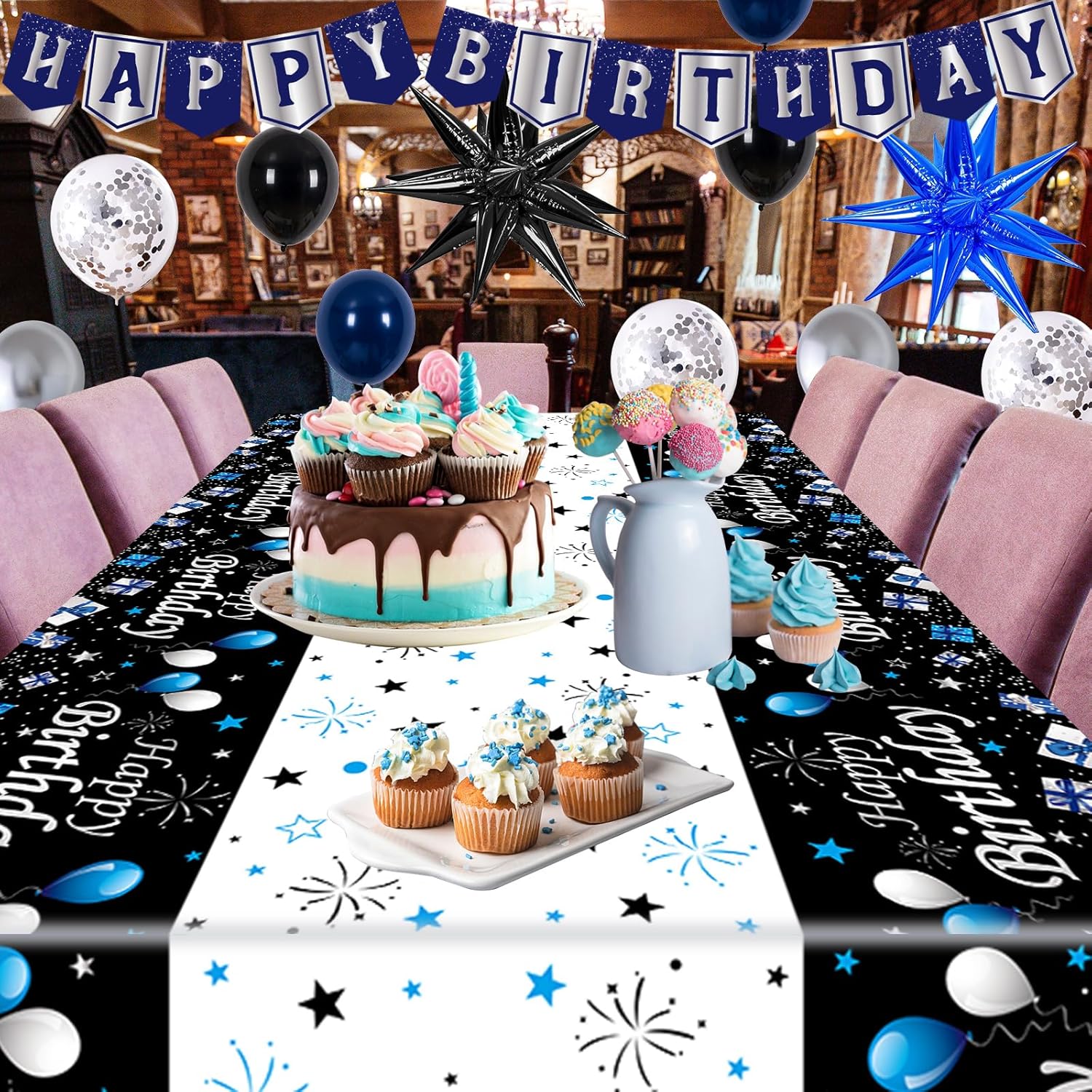 Blue and Black Birthday Decorations for Men Boys, Happy Birthday Decorations for Women Happy Birthday Door Banner, Balloons, Tablecloth Foil Backdrop Star Balloons for Mens Bday Party Decor - Image 6