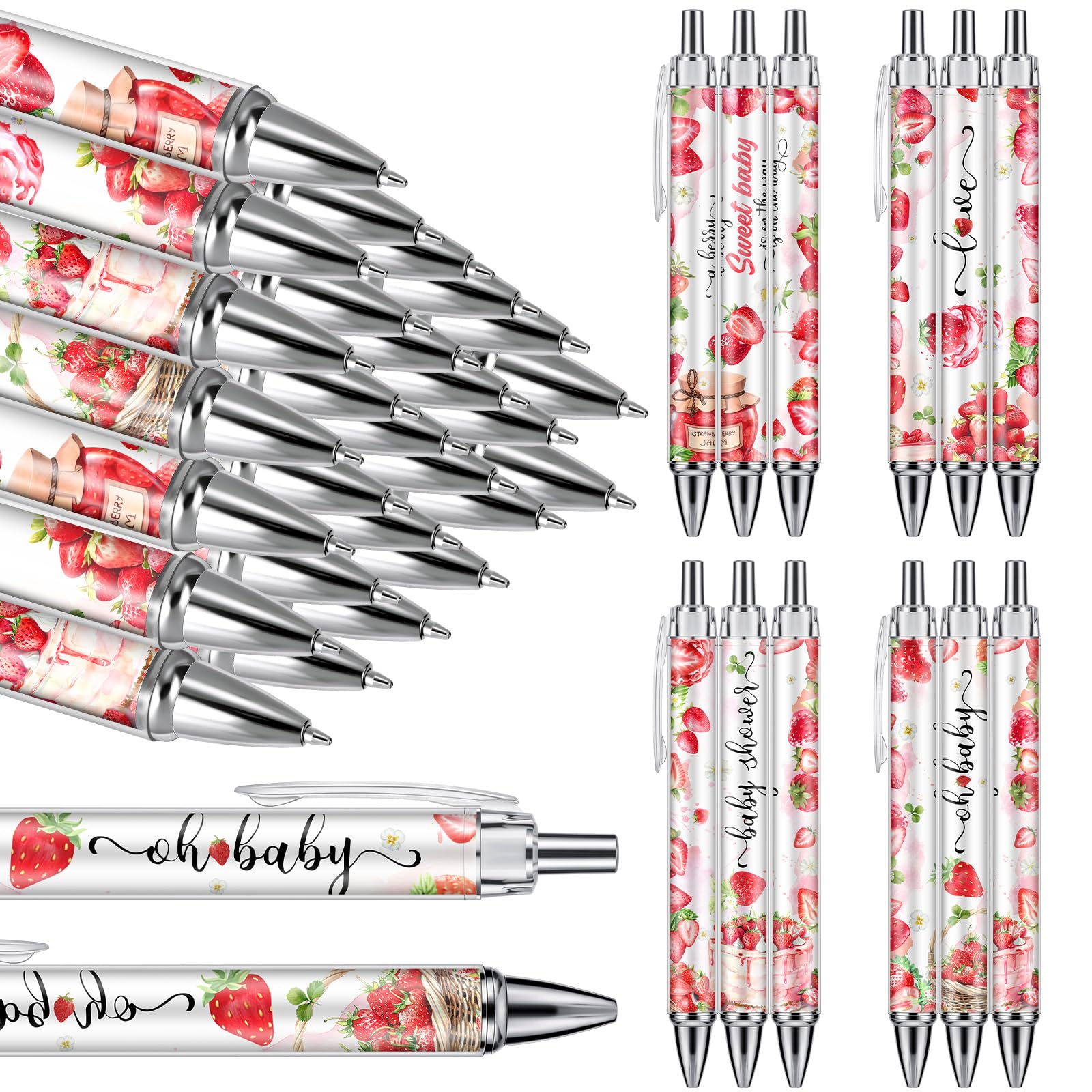 Chuangdi 24 Pcs Strawberry Baby Shower Ballpoint Pens Favors Bulk Retractable Ballpoint Pen Black Ink with Gifts for Guests School Supply