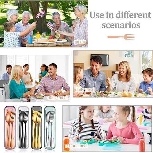 Miniatura 7 de Juego de 4 utensilios de viaje portátiles con estuche, cubiertos reutilizables de acero inoxidable, cubiertos de campamento, incluye tenedor,