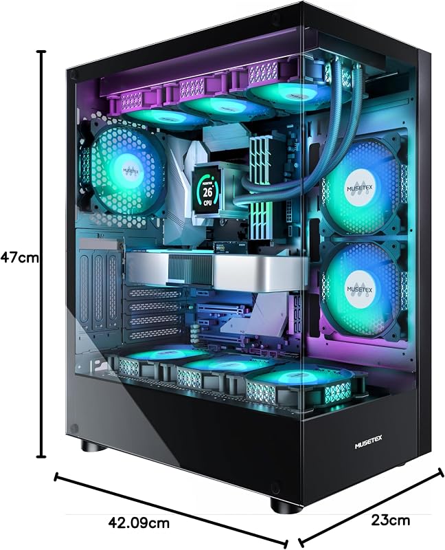 MUSETEX K2 ATX Számítógépház 6 ARGB Ventilátor, Panoráma Üveg, Type-C, Fekete