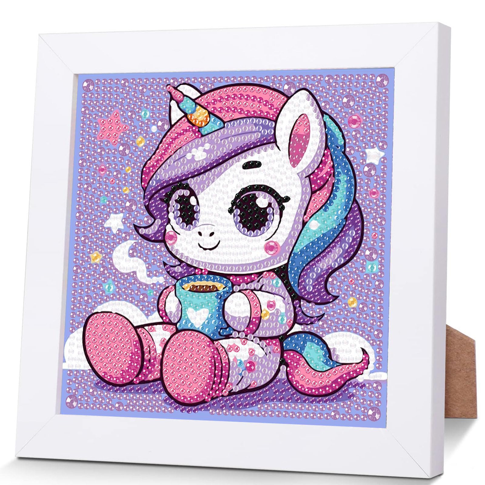 Pintura de diamantes de unicornio para niños con marco de madera, juego completo de cuadros de pintura de diamantes para niños animales, pintura de diamantes 5D para niños y niñas, fabricación de