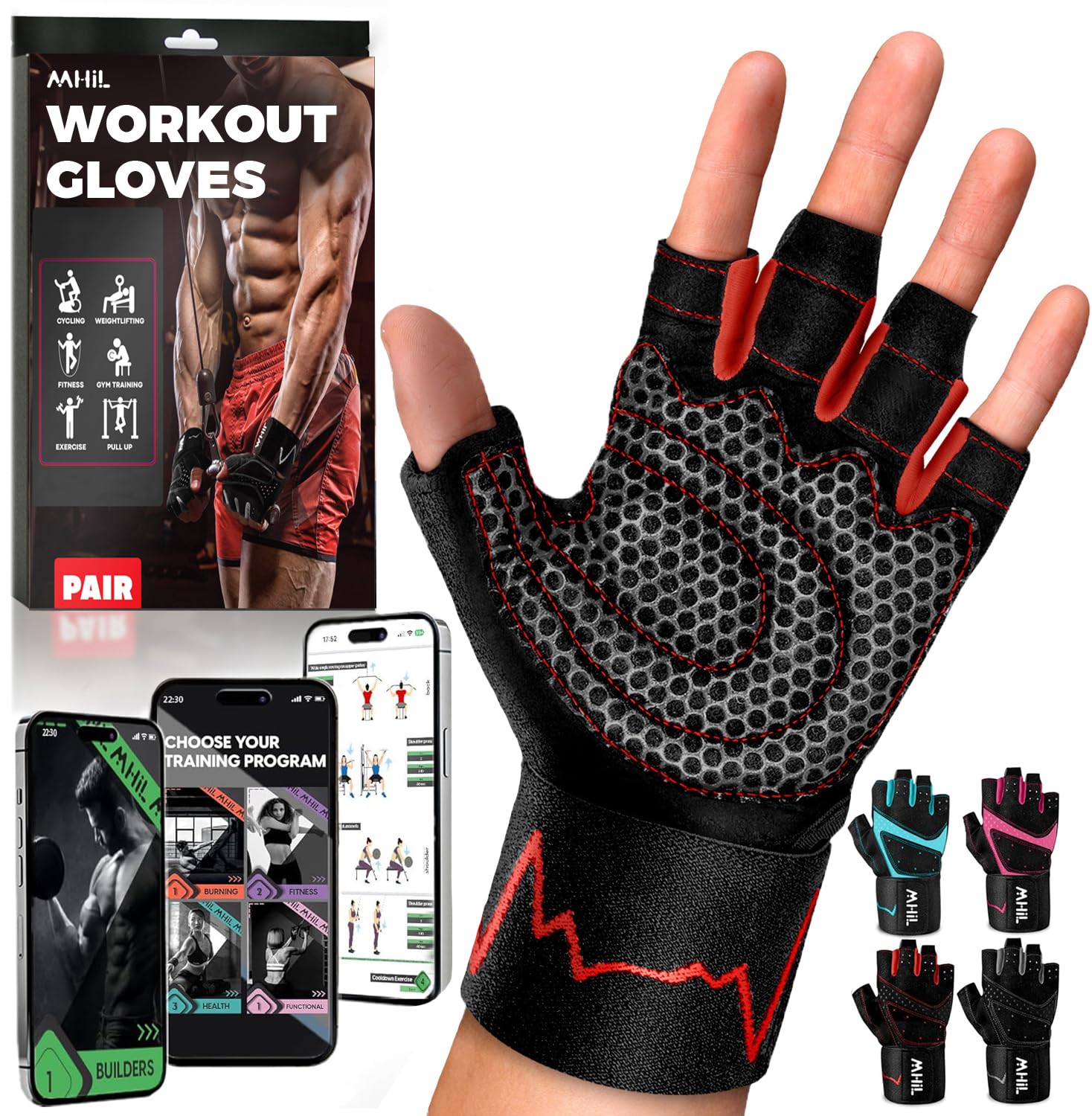 MhIL Workout Gloves for Men – Comfortable Gym Gloves for Men with Enhanced Grip for Safety and Hand Protection – Weight Lifting Protection with Wrist Wraps Support for Performance Boost and Style