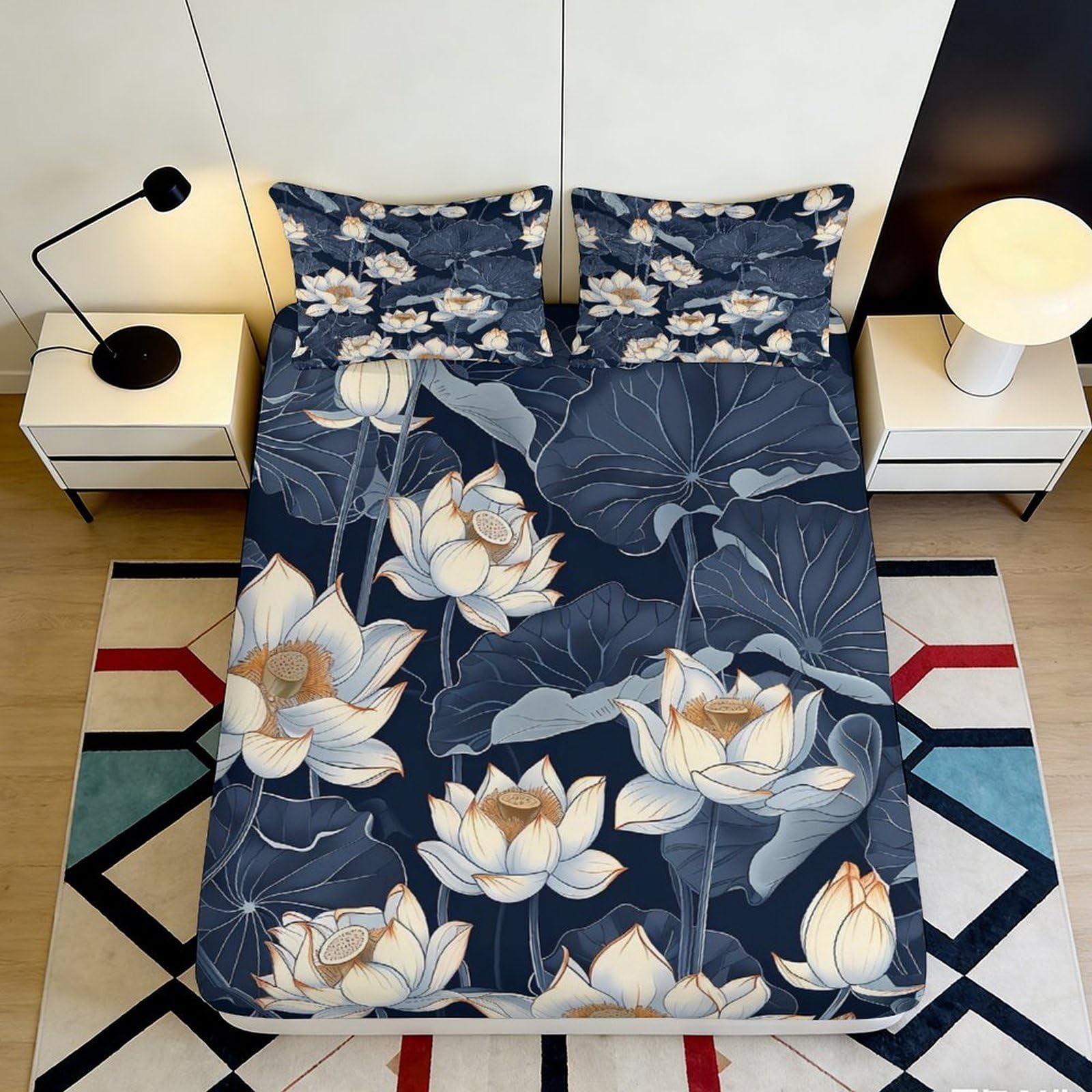 3D Printed Lotus Floral Fitted Sheet Microfiber Soft 3D Printed Lotus Leaf Bed Cover for Bedroom Dormitory Guest Room Mattress Protection 160x200x25cm