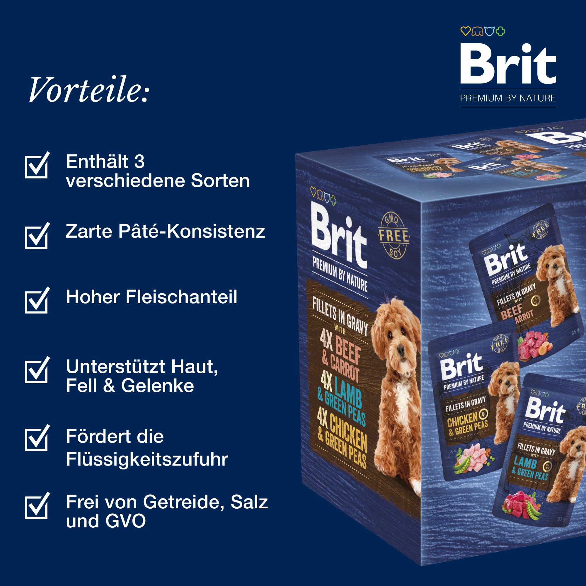 Brit Premium by Nature zestaw mokrej karmy dla dorosłych psów, 3 x filety w sosie, kurczaku, wołowinie i jagnięcinie, pełna karma, 12 x 85 g